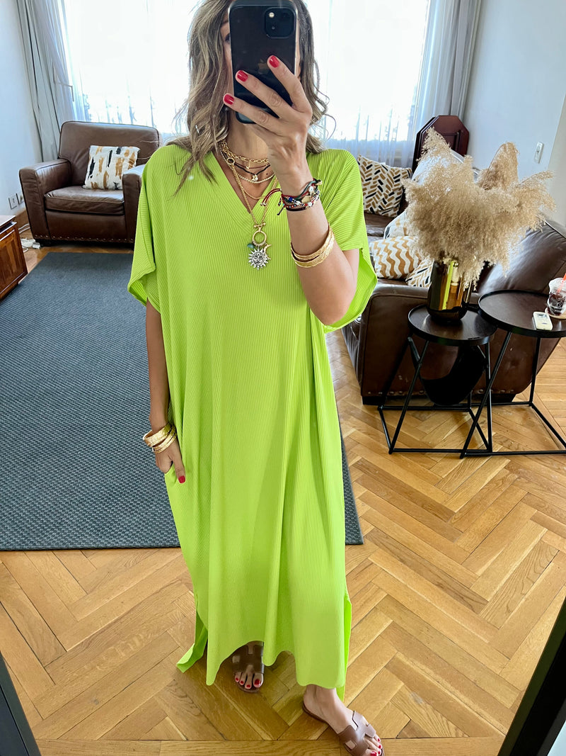 Lime Ribbed Flowy Dress