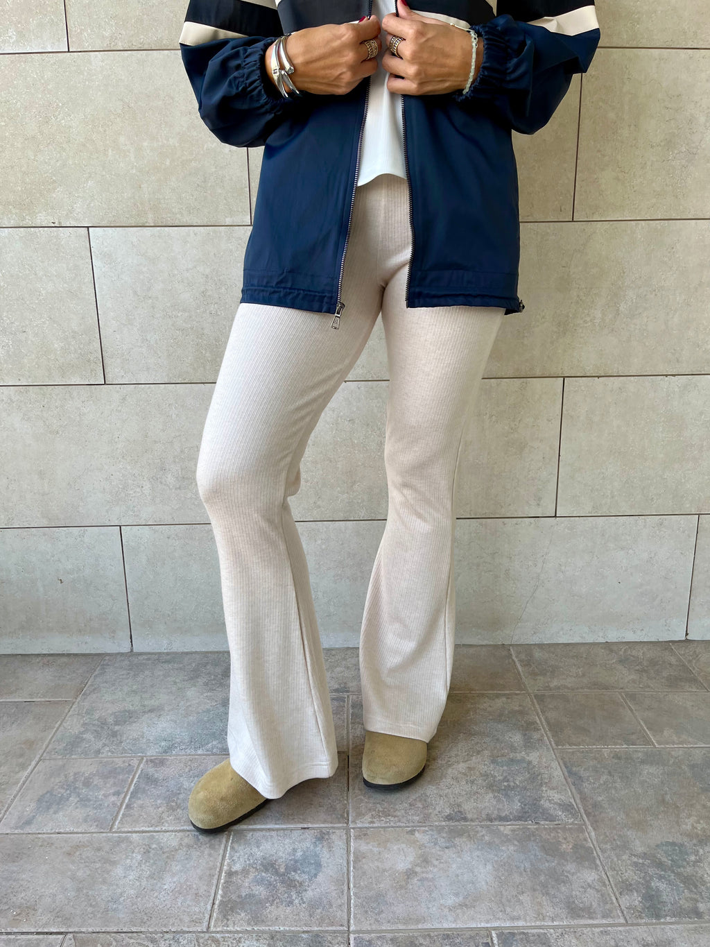 Beige Ribbed flare Pants