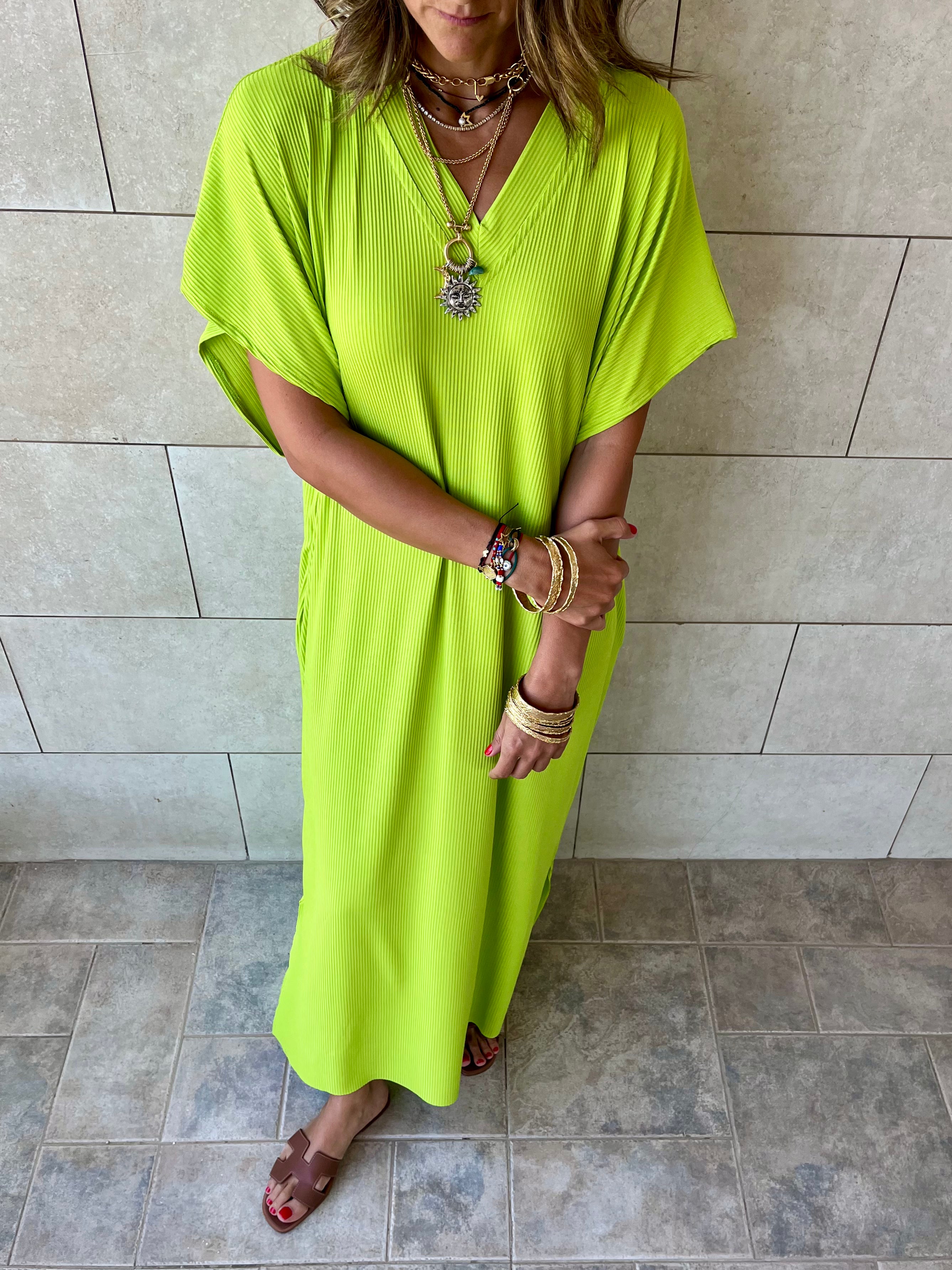 Lime Ribbed Flowy Dress