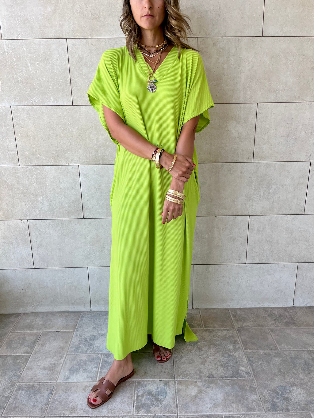 Lime Ribbed Flowy Dress