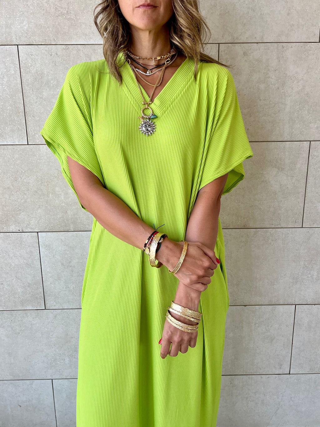 Lime Ribbed Flowy Dress