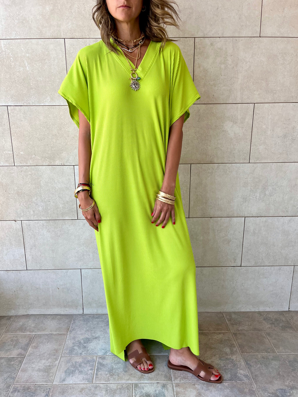Lime Ribbed Flowy Dress
