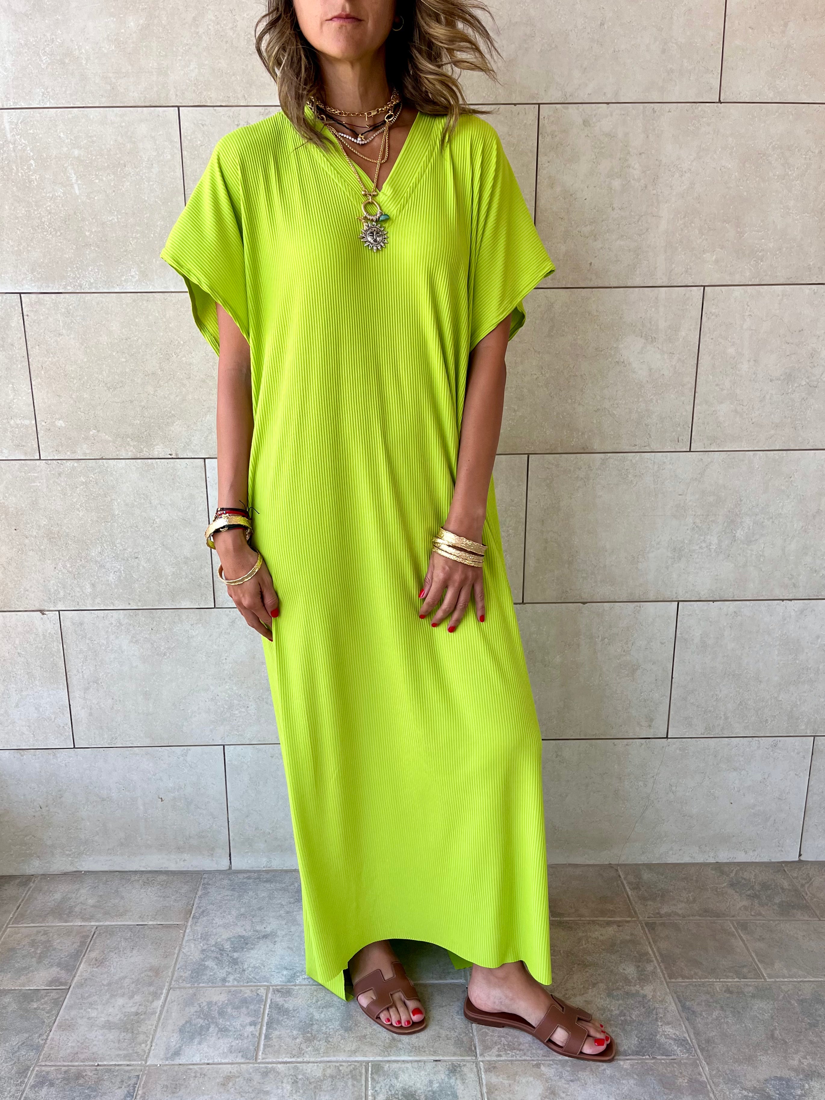 Lime Ribbed Flowy Dress