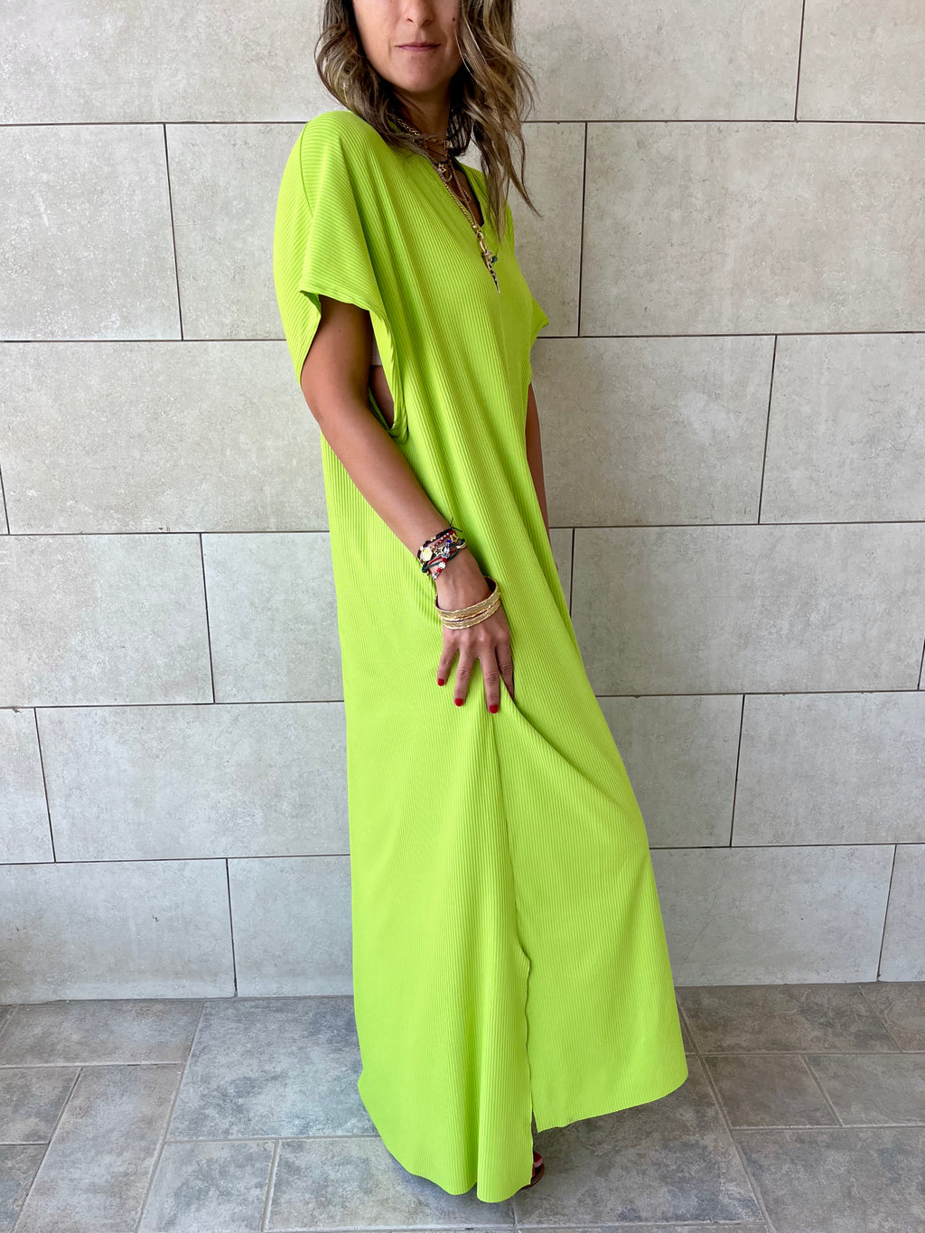 Lime Ribbed Flowy Dress
