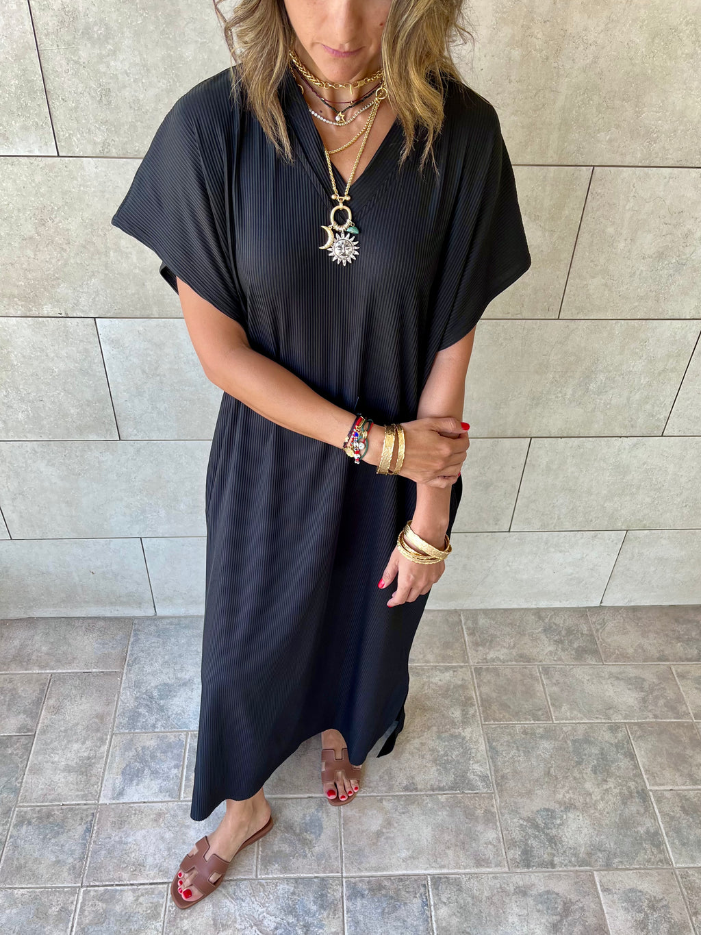 Black Ribbed Flowy Dress