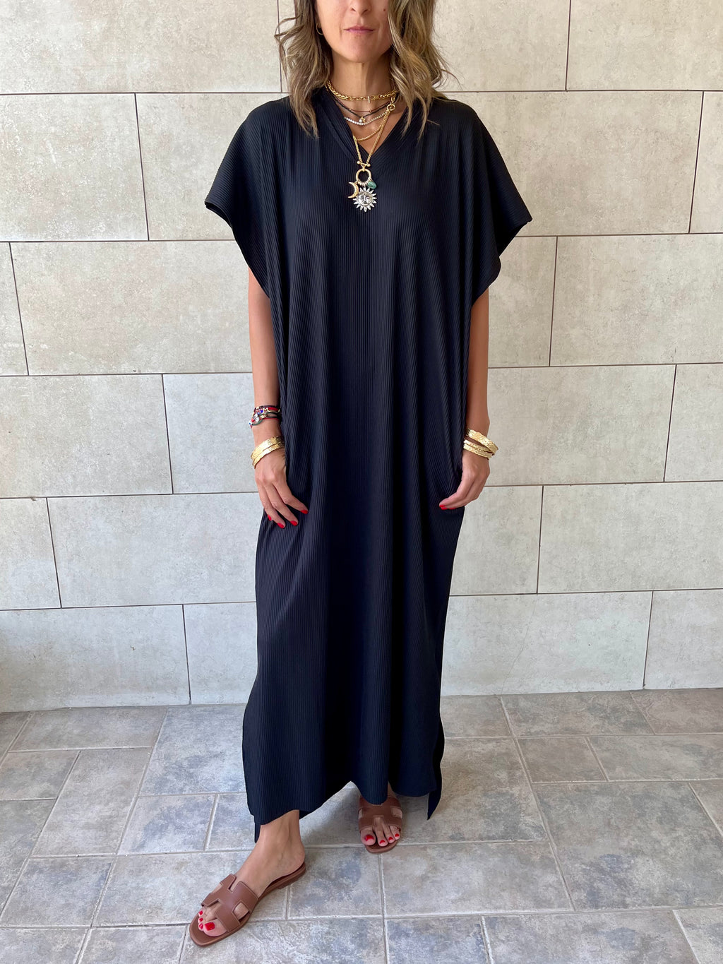 Black Ribbed Flowy Dress