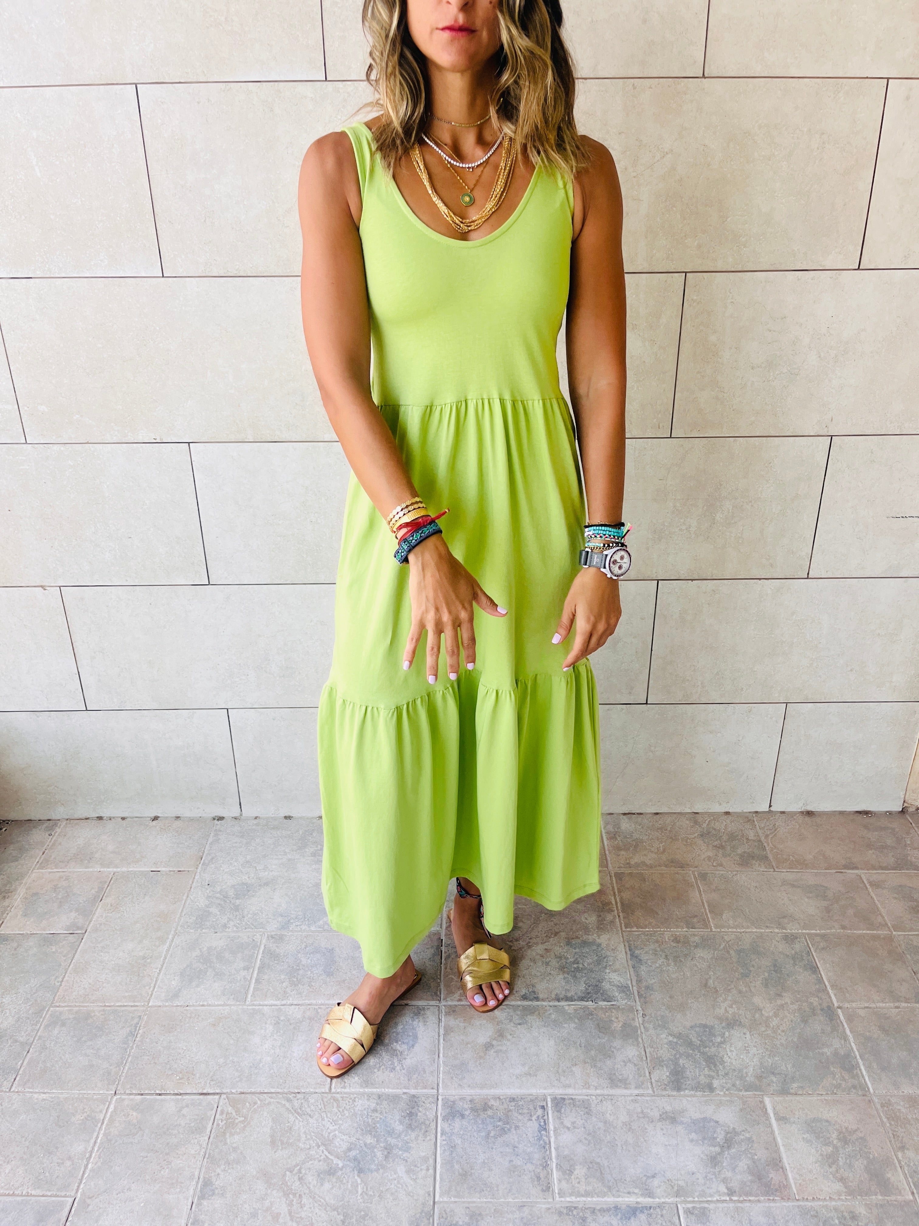 Lime Tiered Cotton City Dress