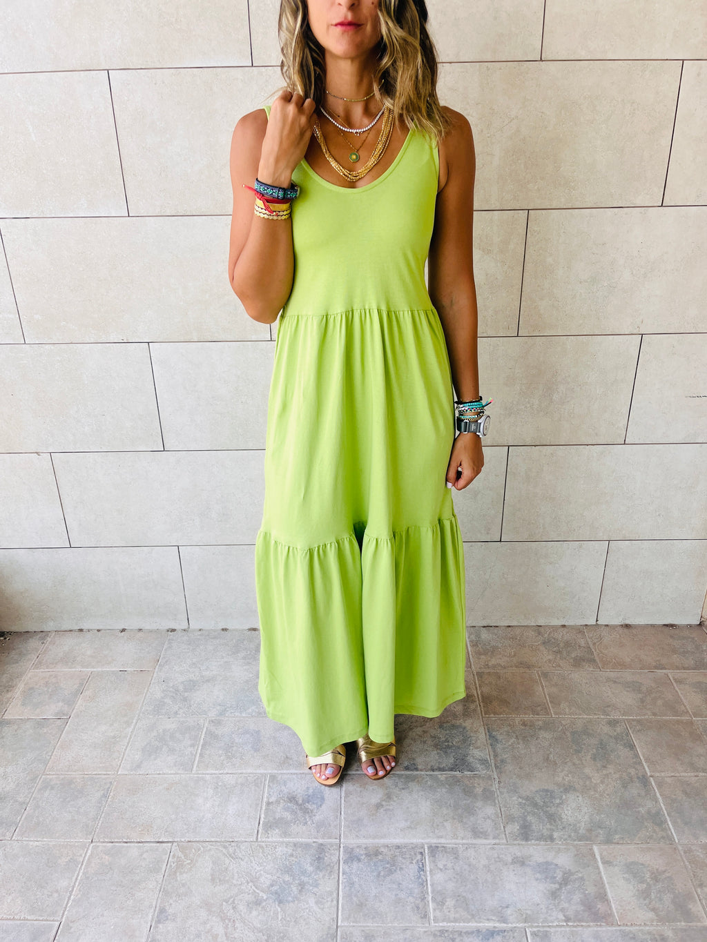 Lime Tiered Cotton City Dress