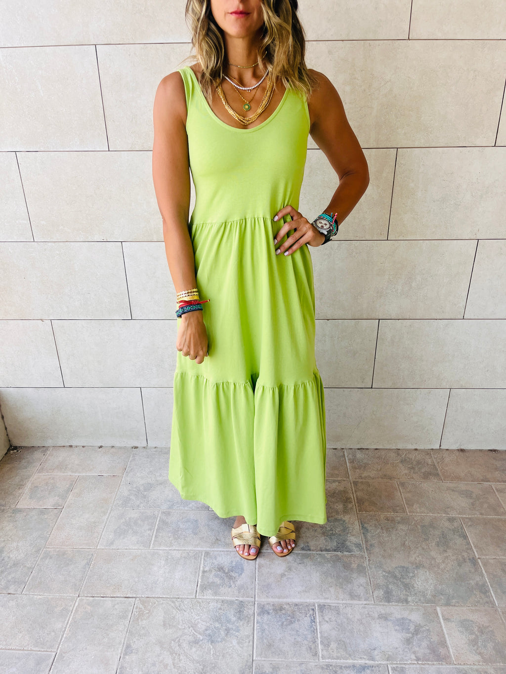 Lime Sleeveless Cotton Tiered Dress