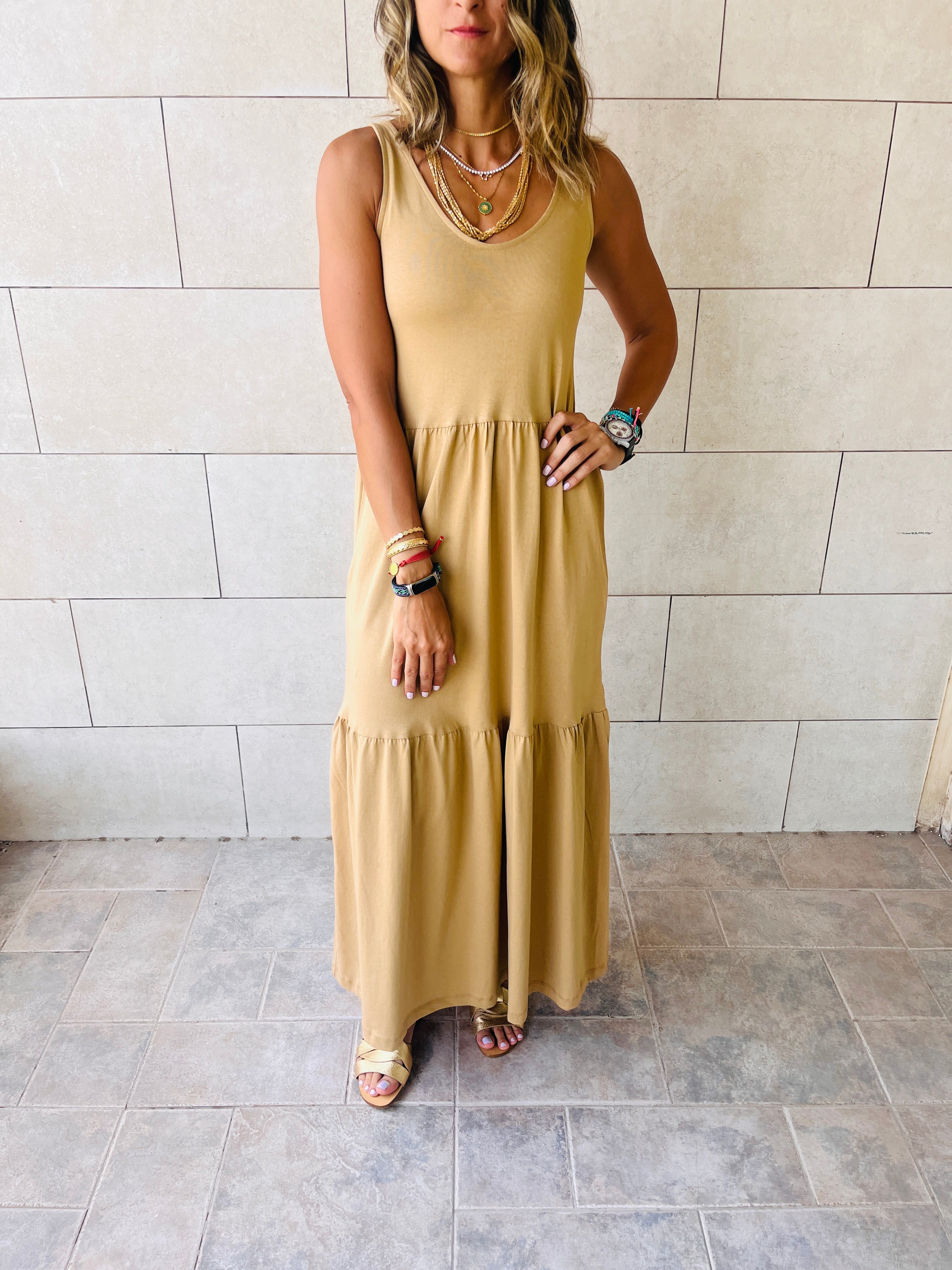 Beige Tiered Cotton City Dress