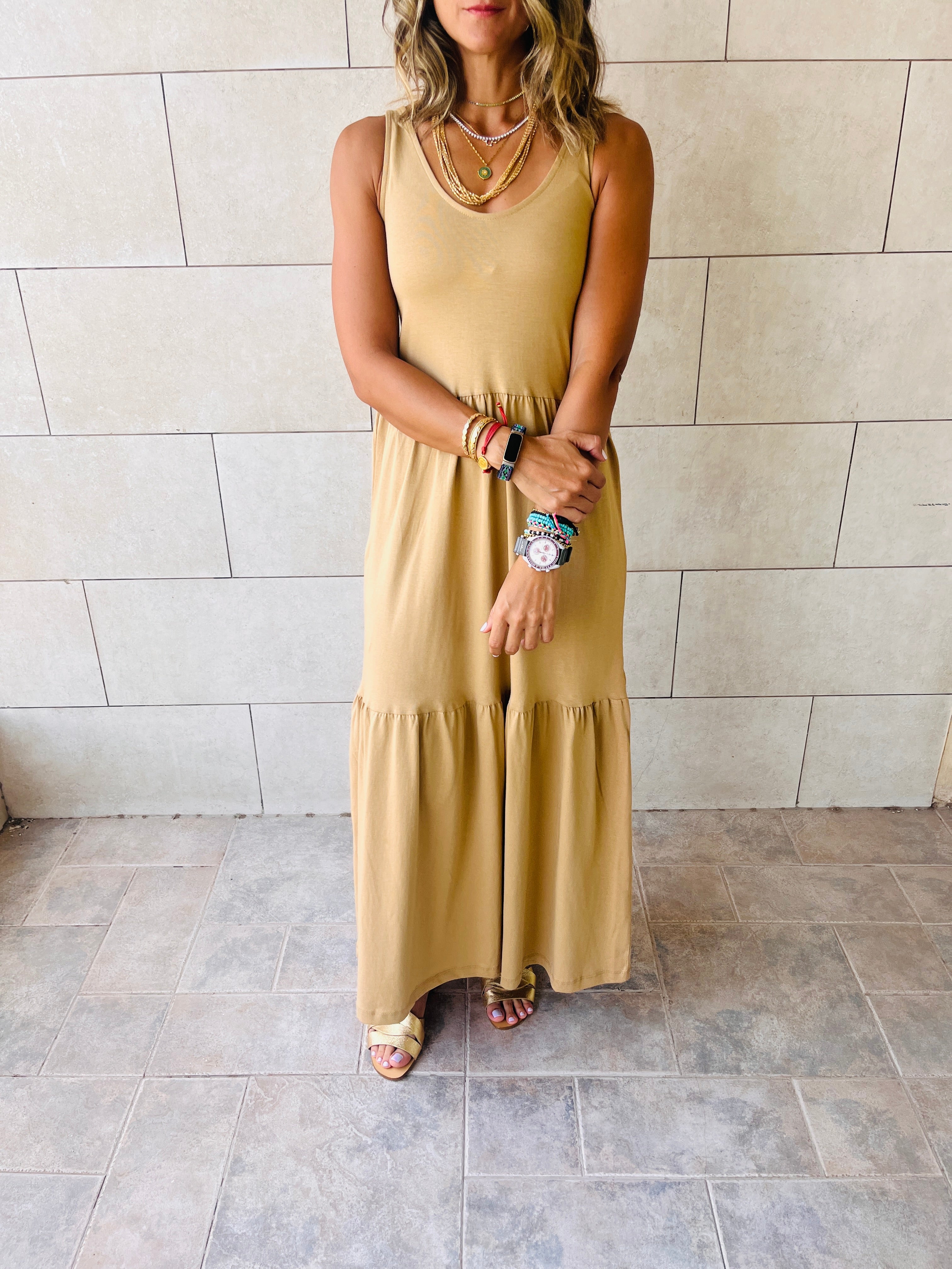 Beige Tiered Cotton City Dress