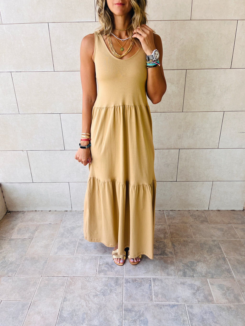 Beige Sleeveless Cotton Tiered Dress