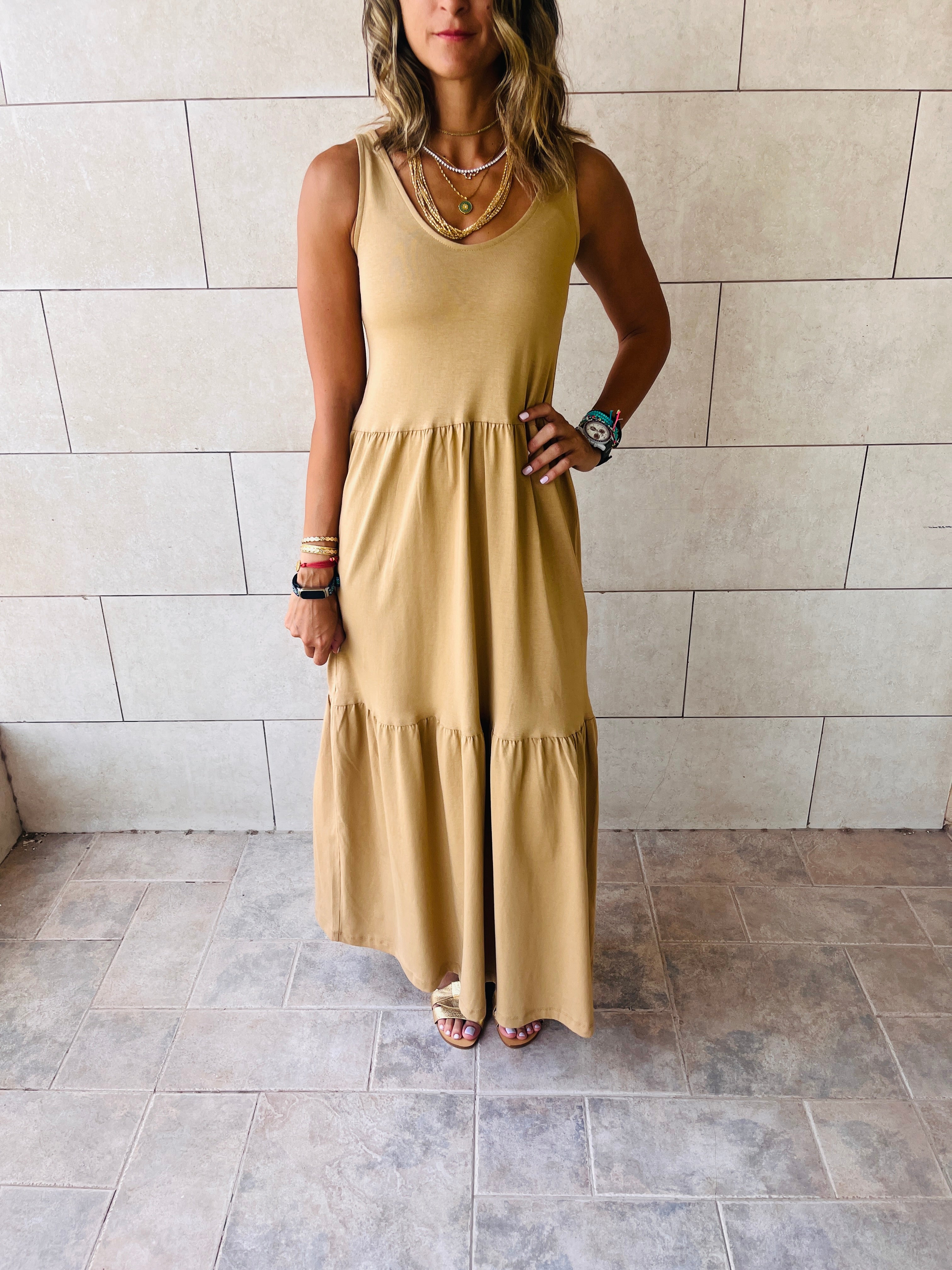 Beige Tiered Cotton City Dress