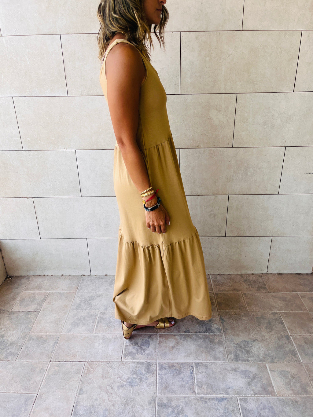 Beige Tiered Cotton City Dress