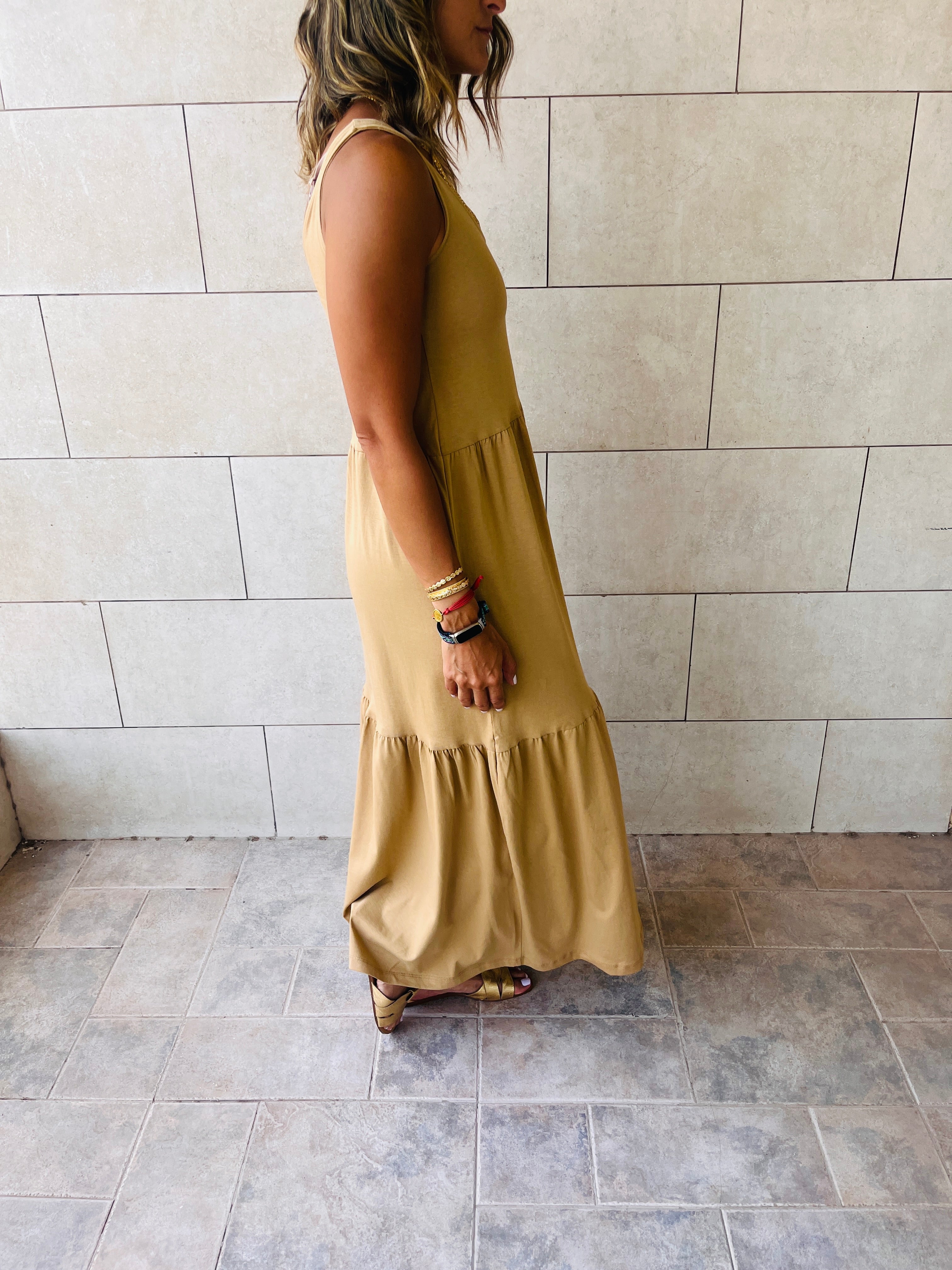 Beige Tiered Cotton City Dress