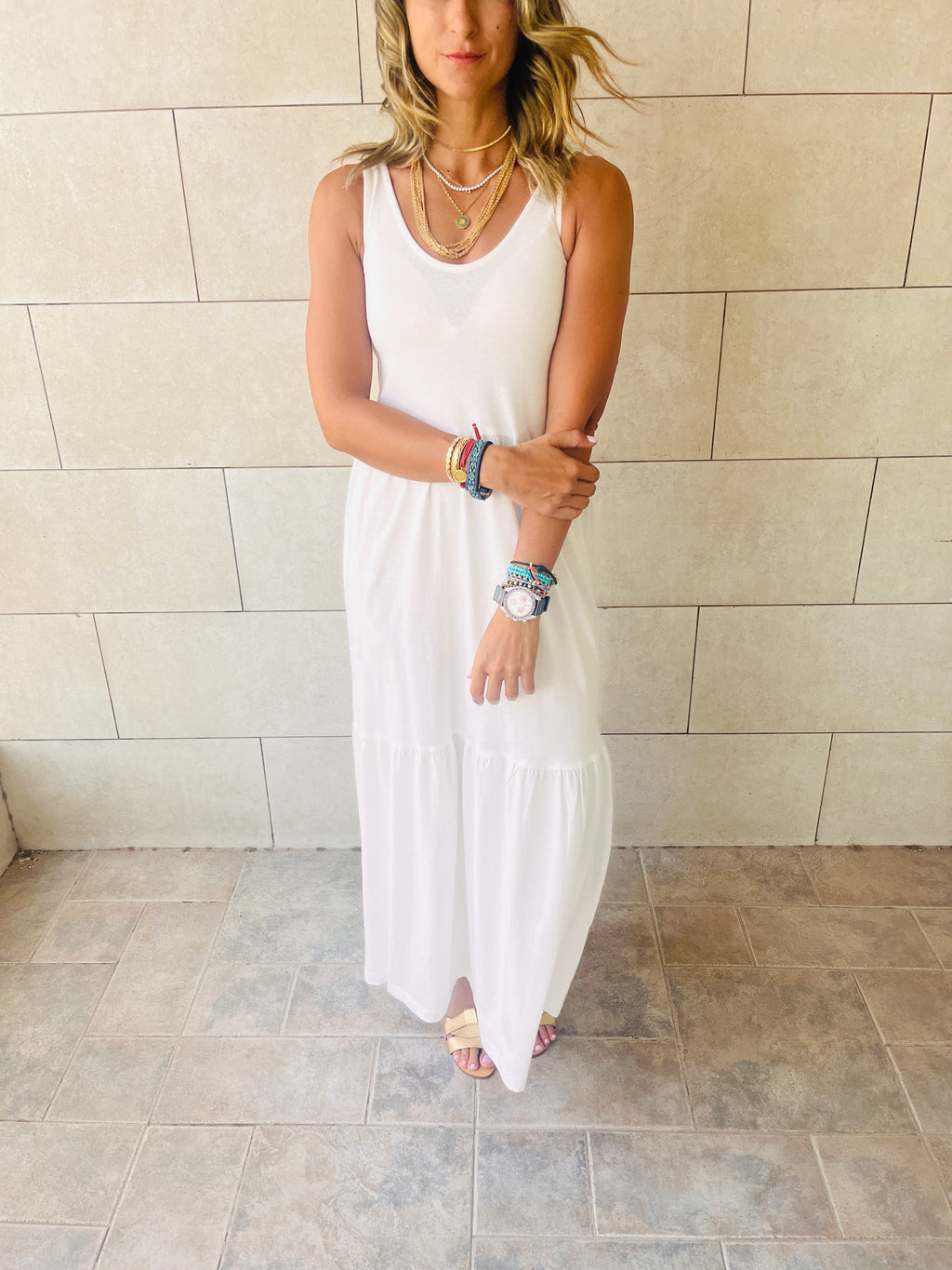 White Sleeveless Cotton Tiered Dress