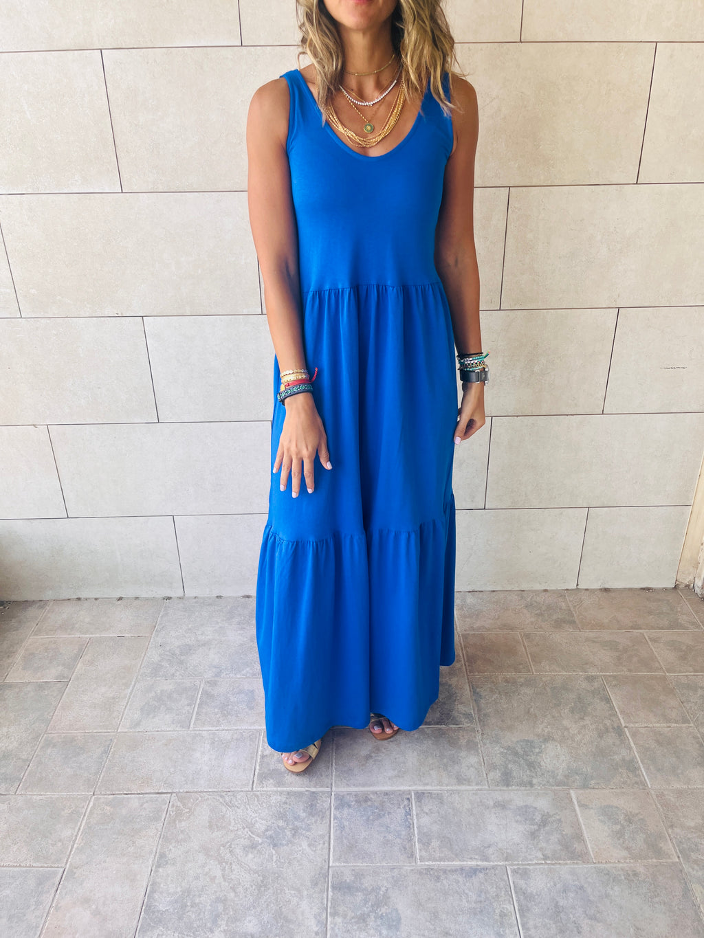 Blue Sleeveless Cotton Tiered Dress