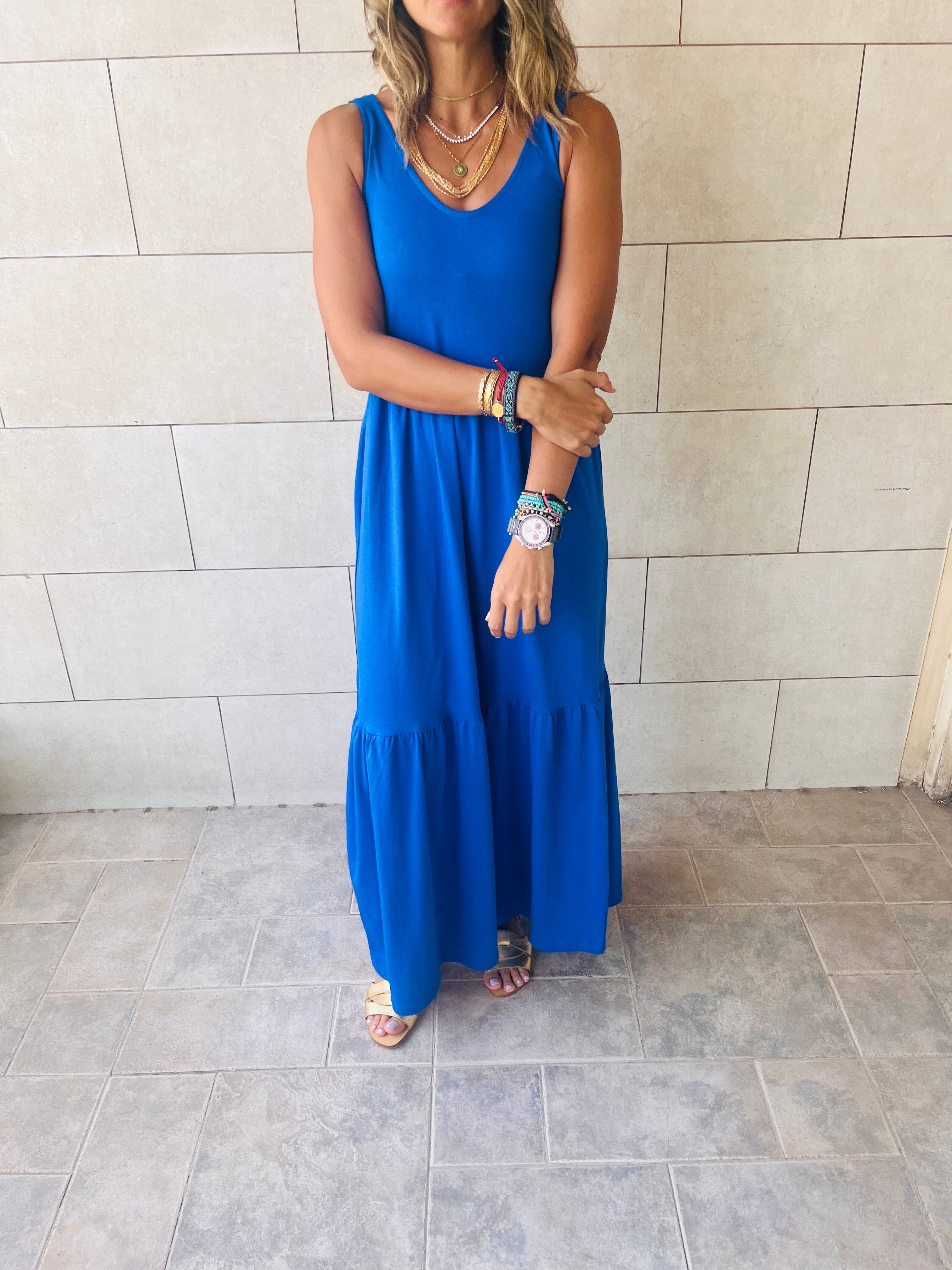 Blue Sleeveless Cotton Tiered Dress