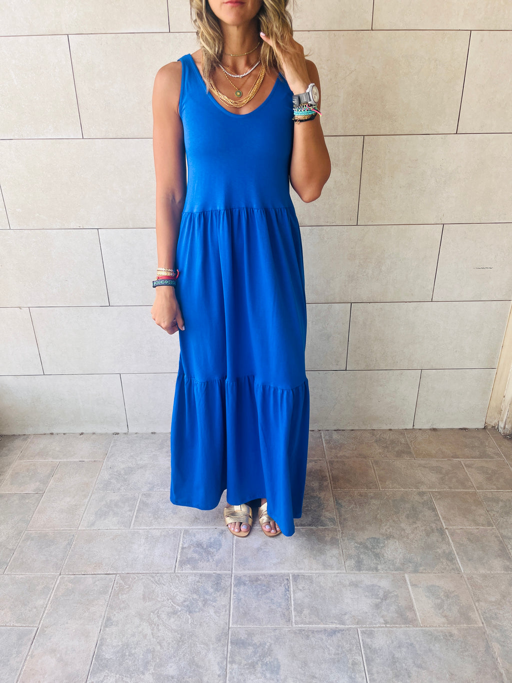 Blue Sleeveless Cotton Tiered Dress