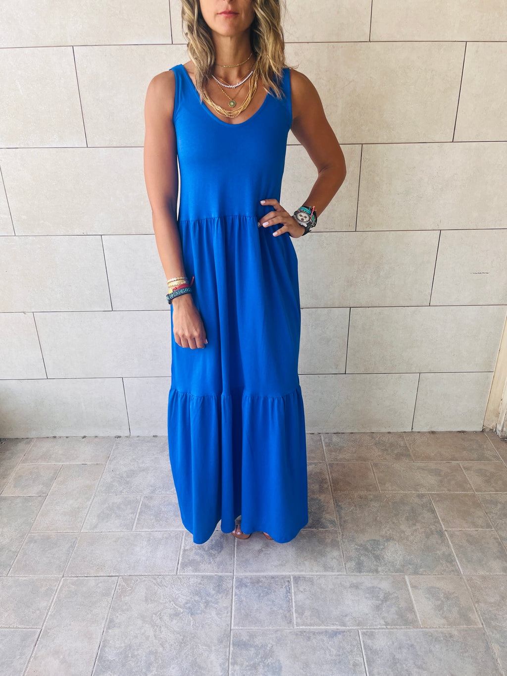 Blue Sleeveless Cotton Tiered Dress