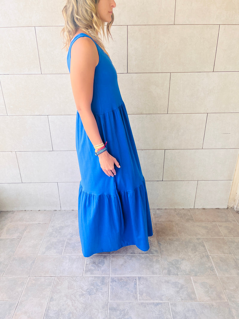 Blue Sleeveless Cotton Tiered Dress