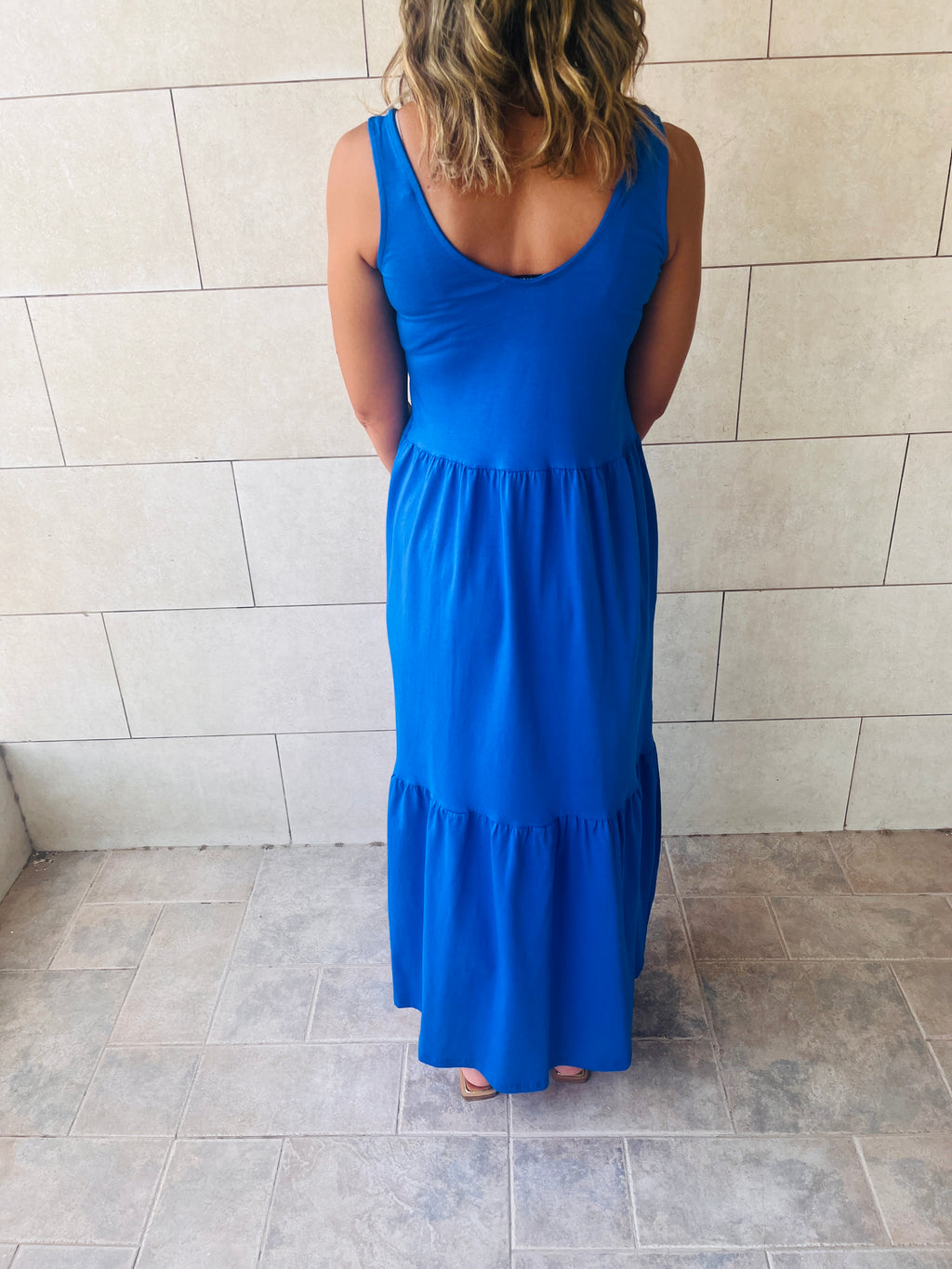 Blue Sleeveless Cotton Tiered Dress