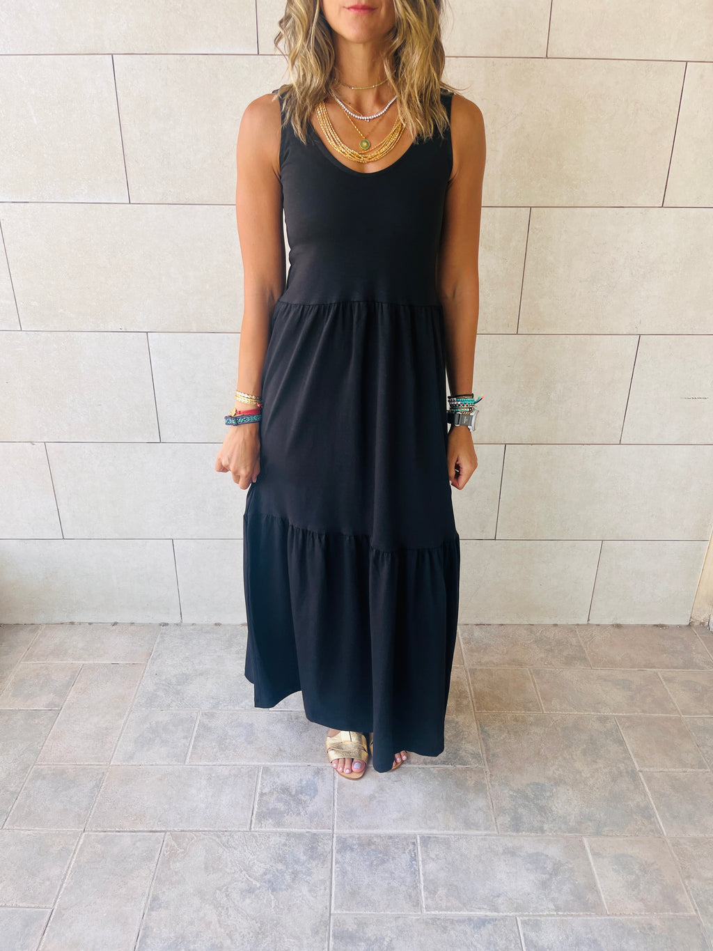 Black Sleeveless Cotton Tiered Dress