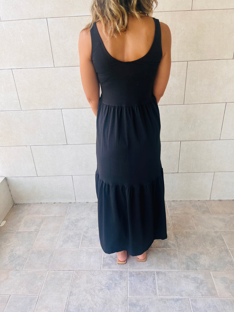 Black Sleeveless Cotton Tiered Dress