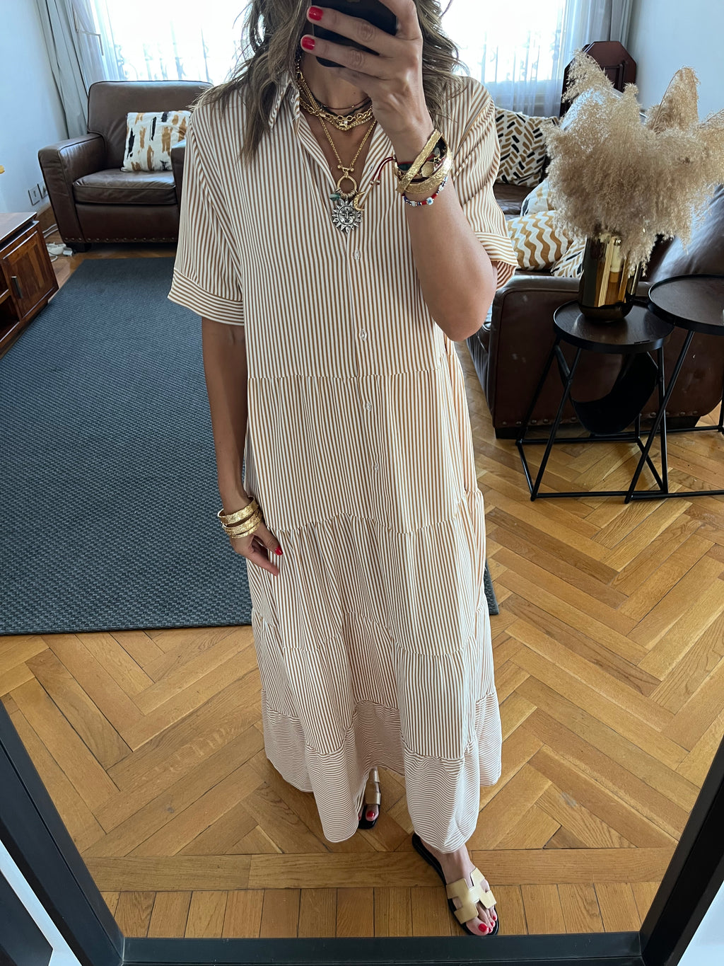 Beige Striped Shirt Dress