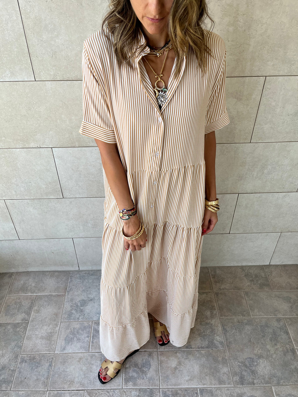Beige Striped Shirt Dress