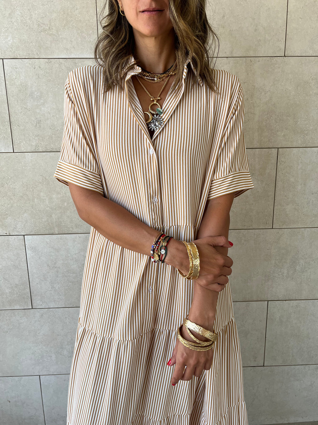 Beige Striped Shirt Dress