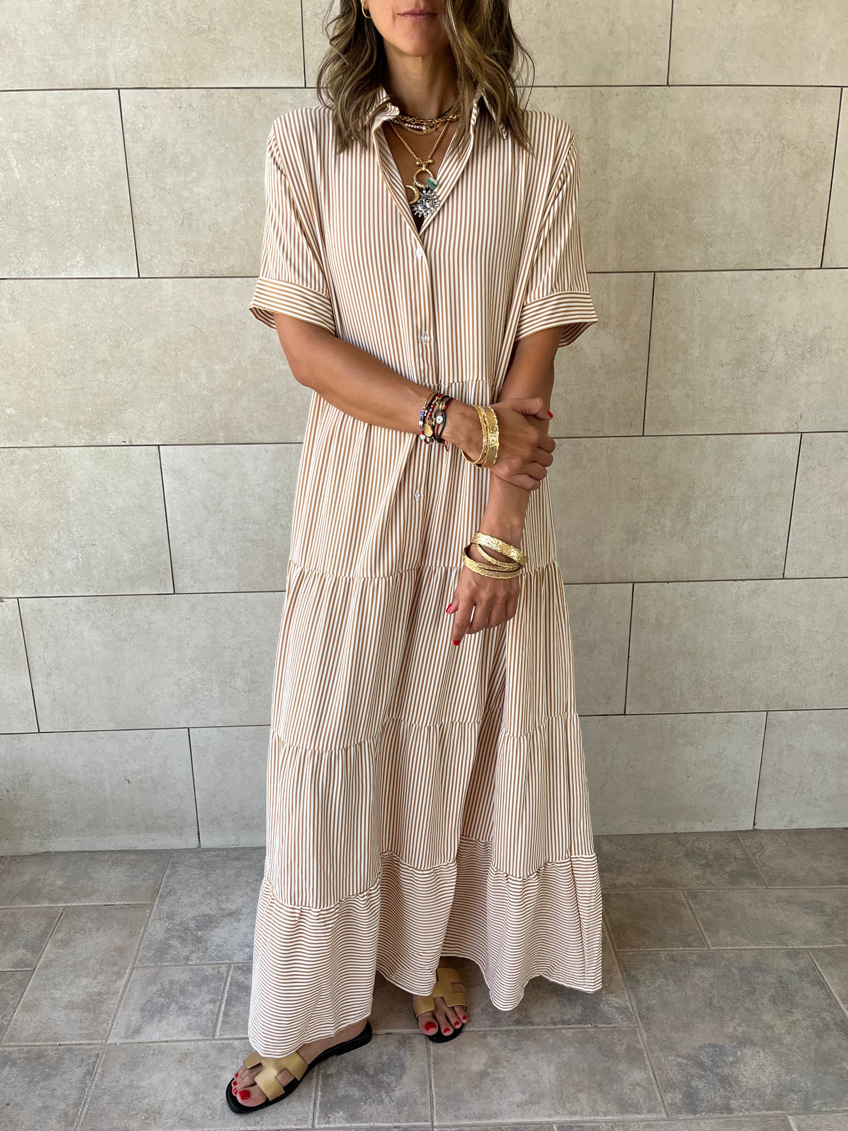 Beige Striped Shirt Dress