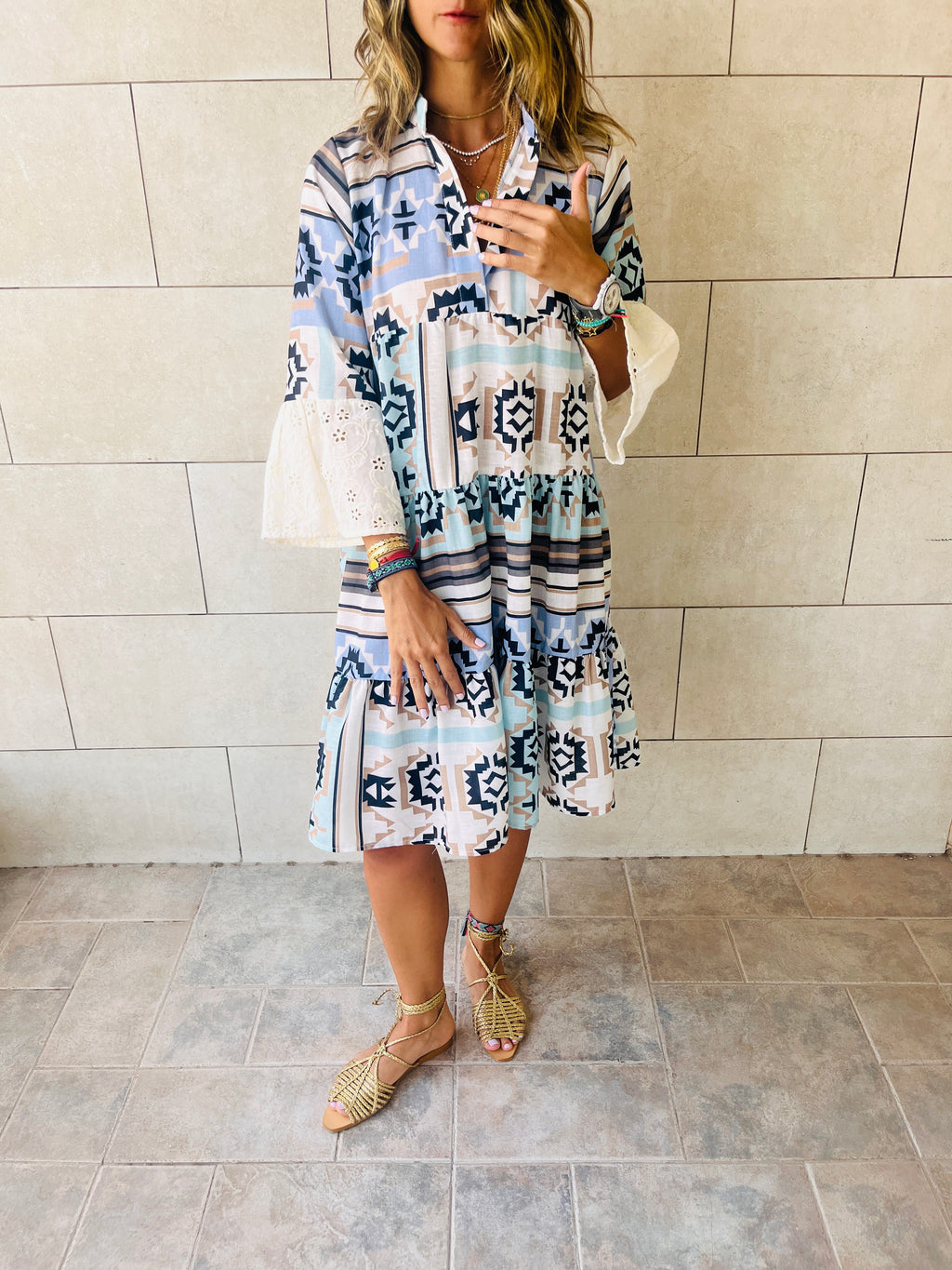 Summer Days Detailed Aztec Mini Shirt Dress