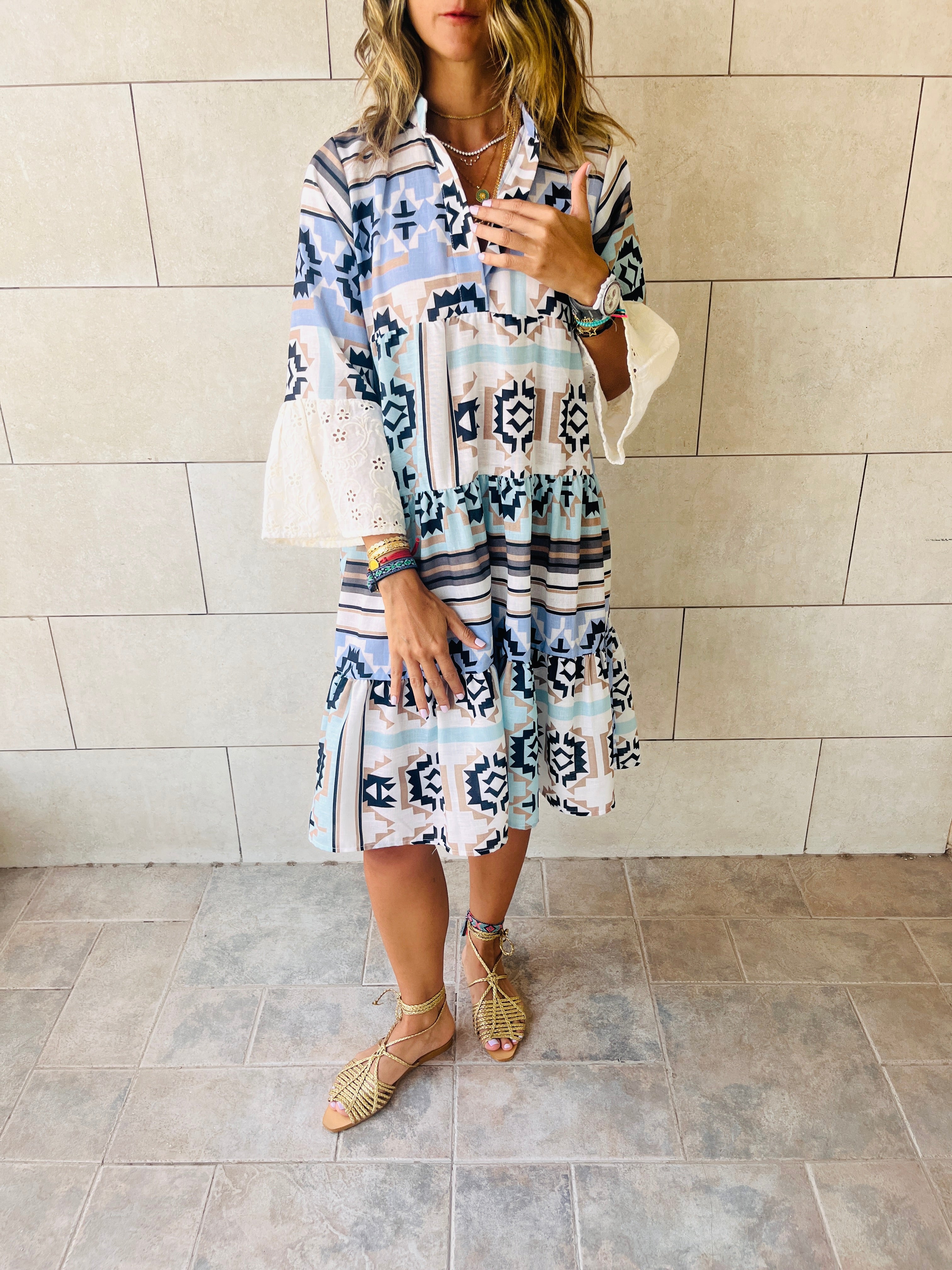 Summer Days Detailed Aztec Mini Shirt Dress