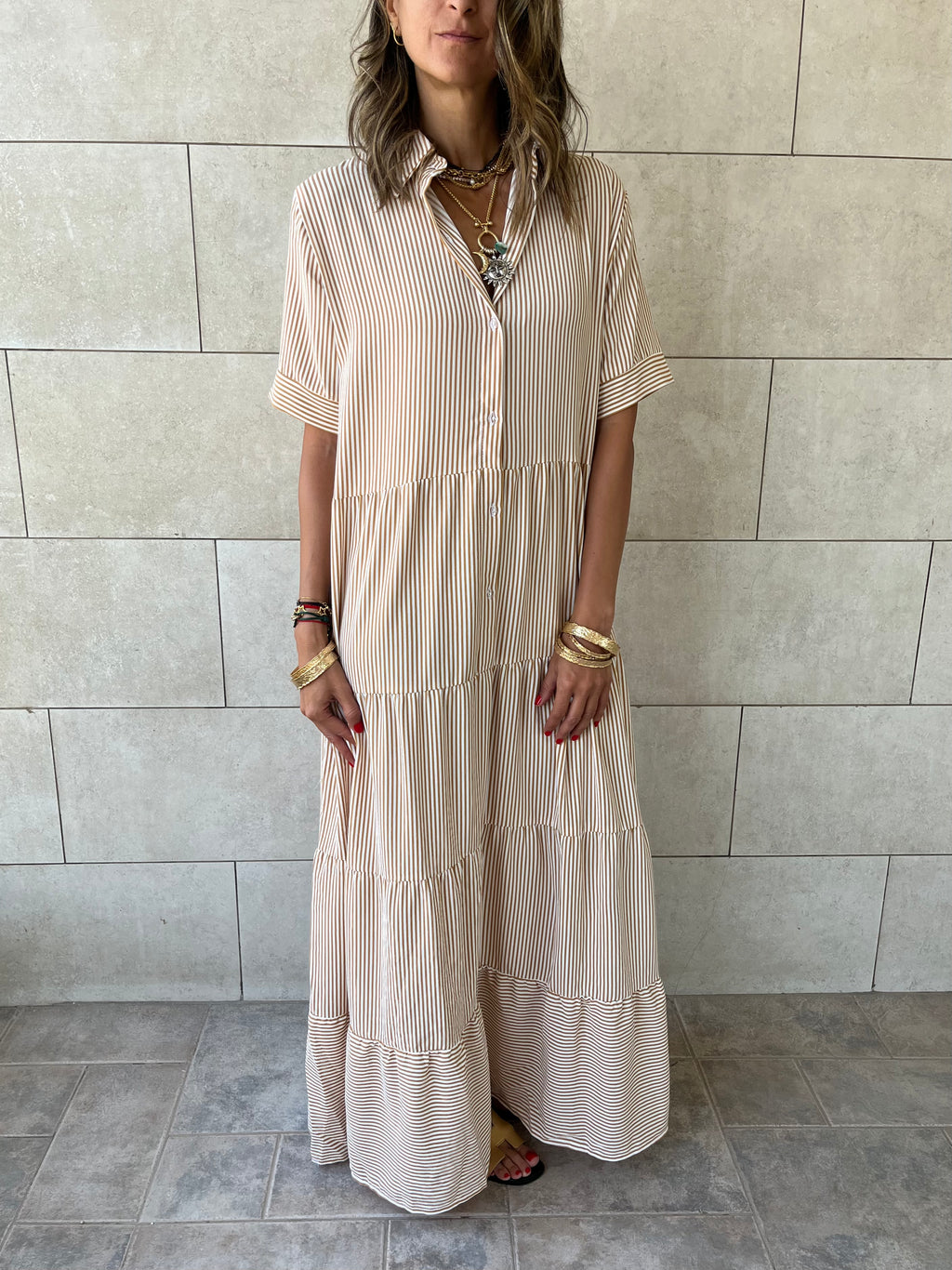 Beige Striped Shirt Dress