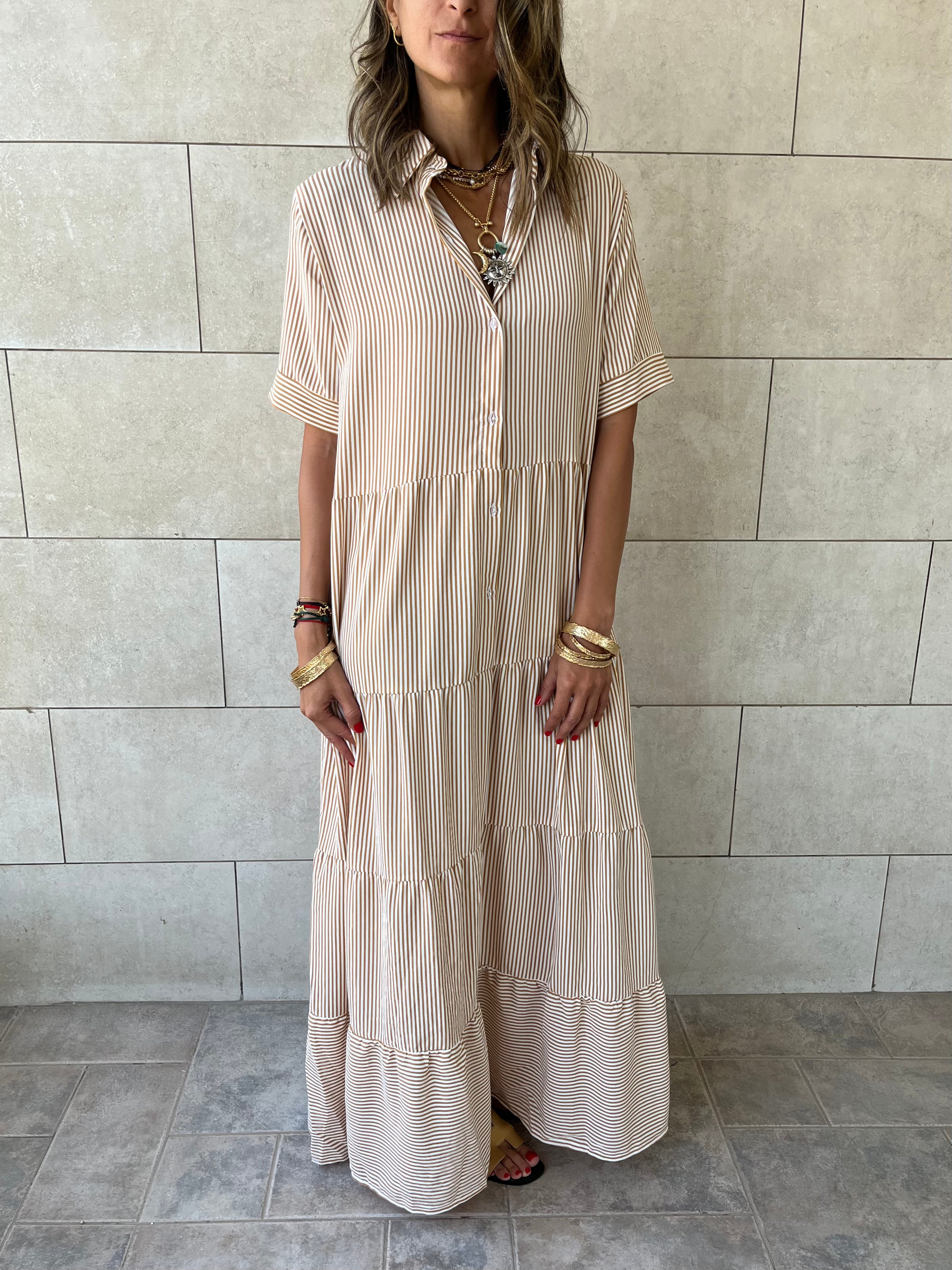 Beige Striped Shirt Dress