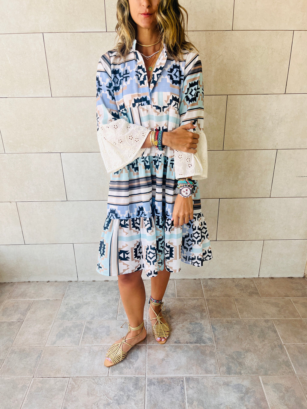 Summer Days Detailed Aztec Mini Shirt Dress