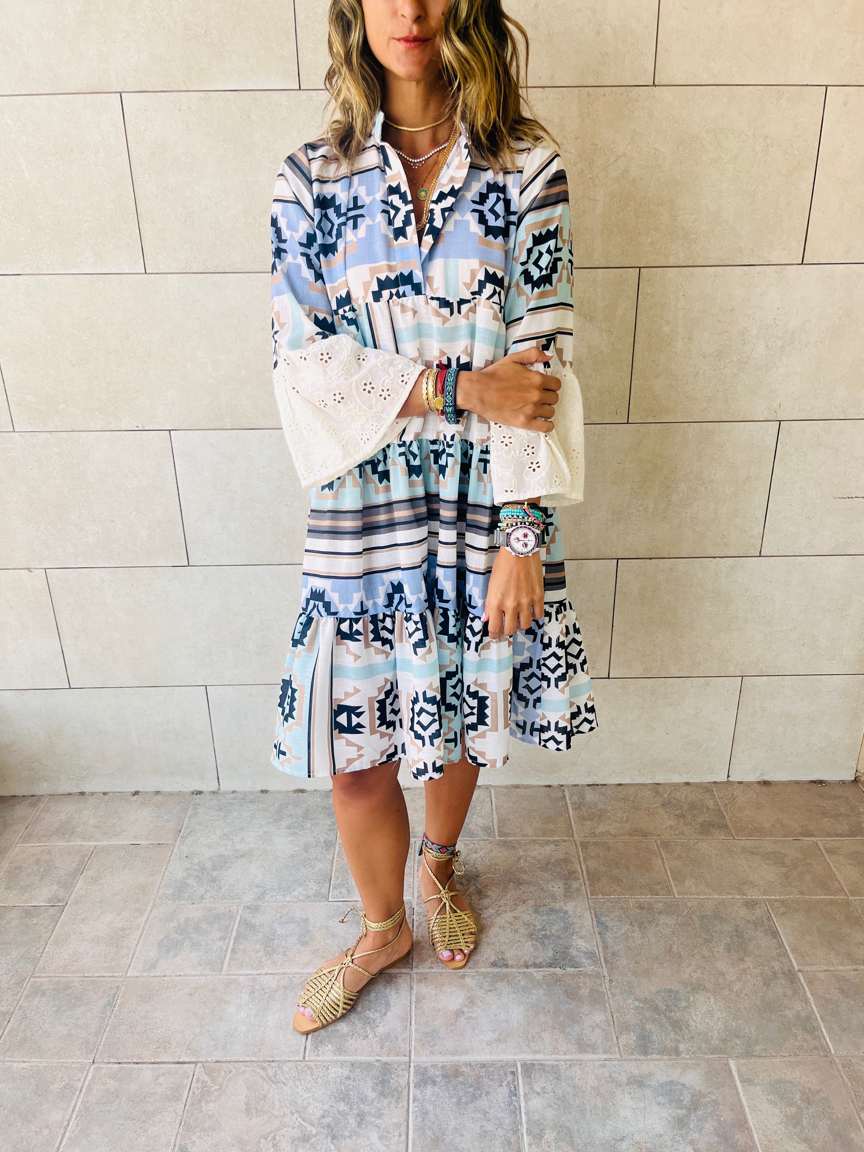 Summer Days Detailed Aztec Mini Shirt Dress