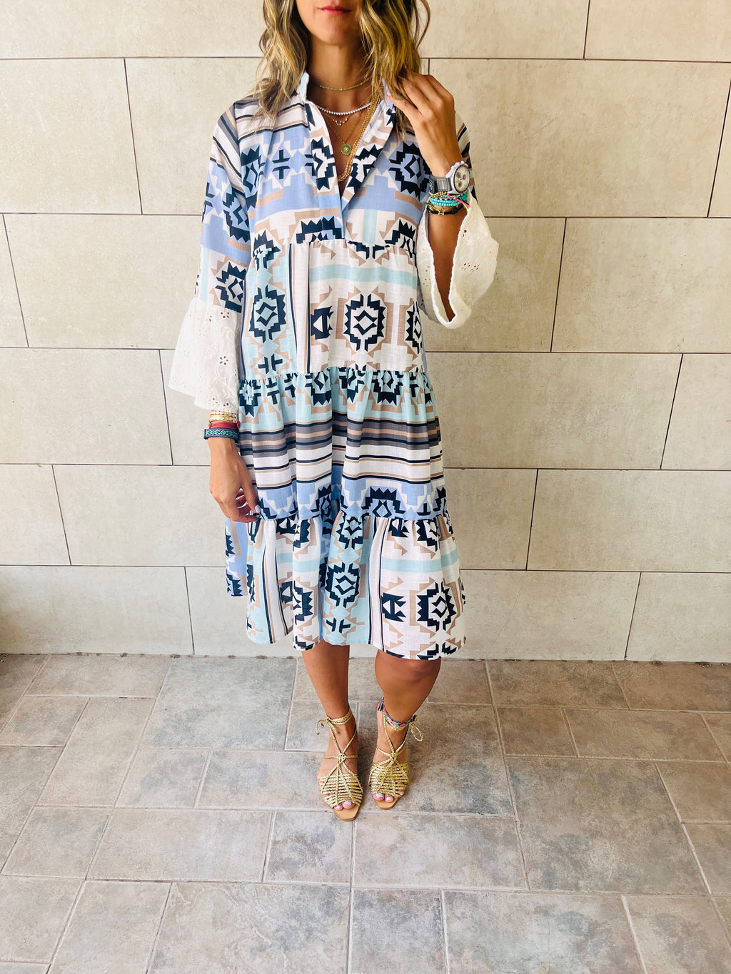 Summer Days Detailed Aztec Mini Shirt Dress