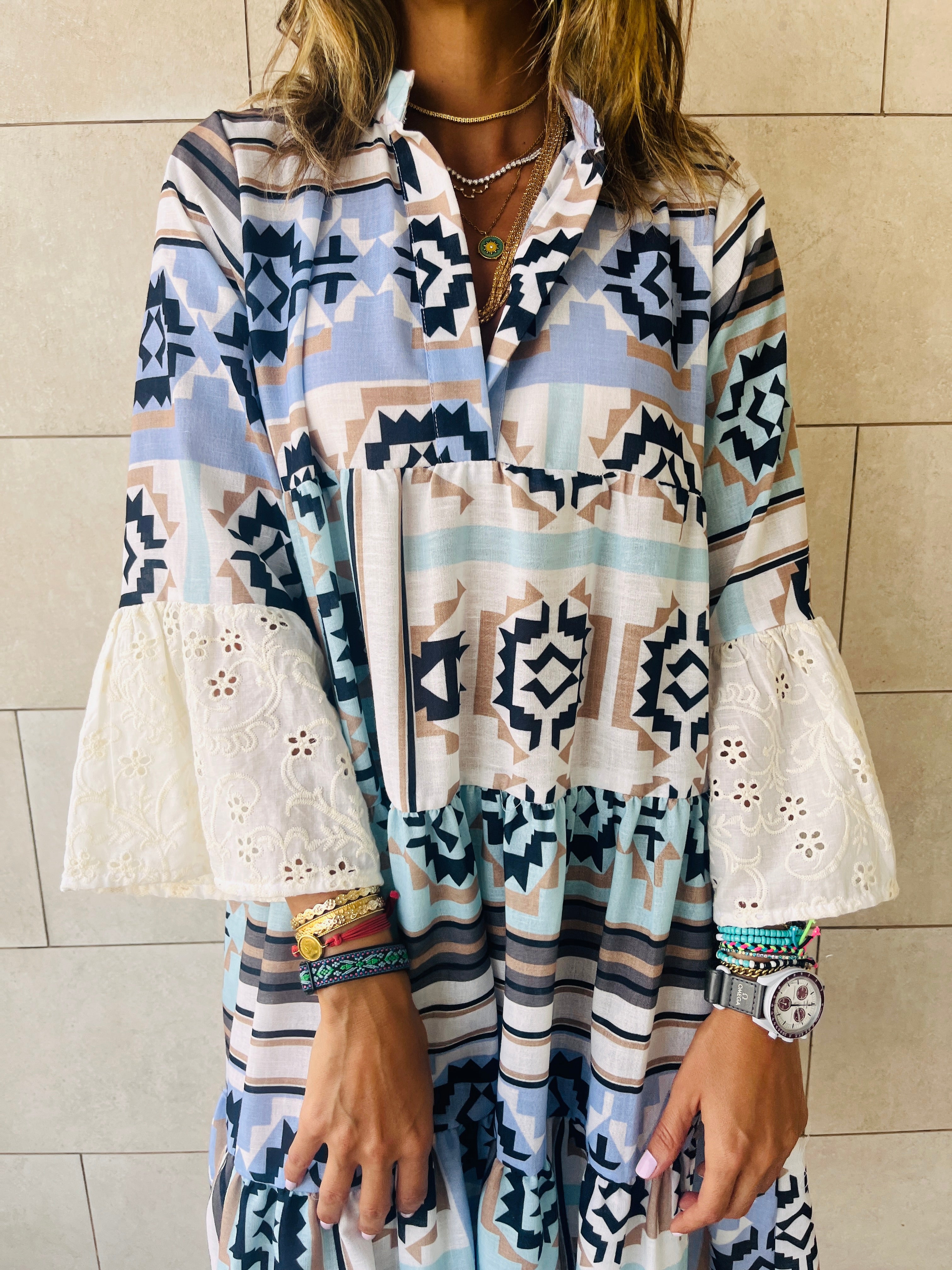 Summer Days Detailed Aztec Mini Shirt Dress