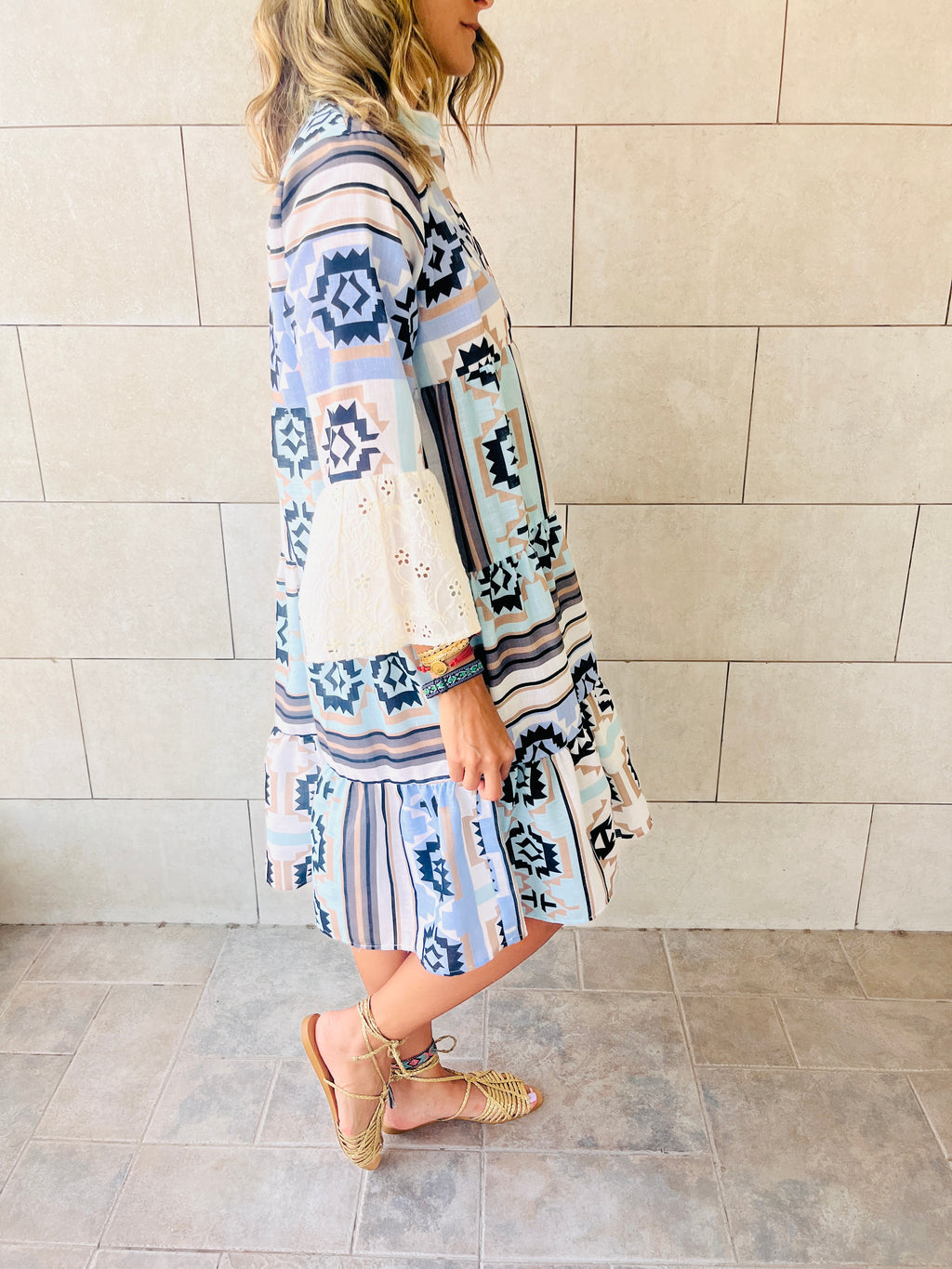 Summer Days Detailed Aztec Mini Shirt Dress