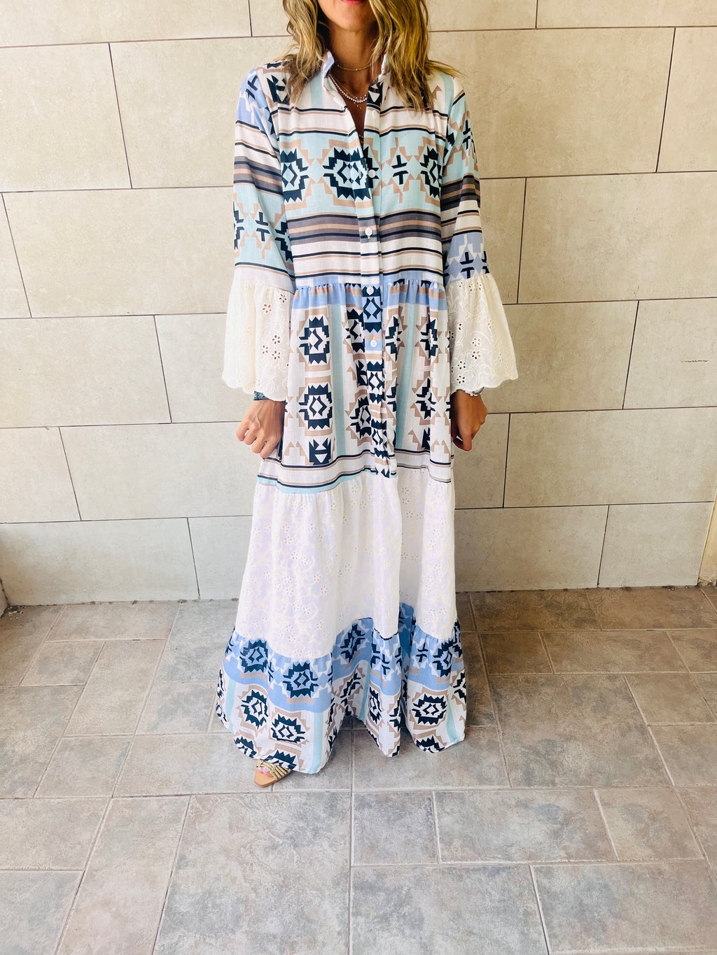 Summer Days Detailed Aztec Longline Shirt Dress