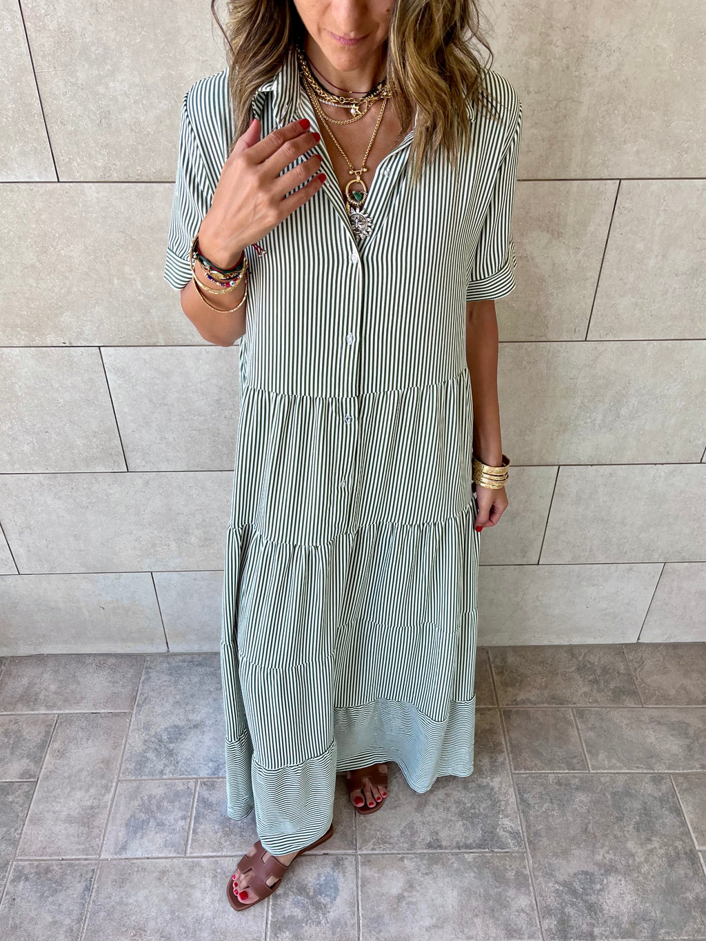 Olive Striped Shirt Dress