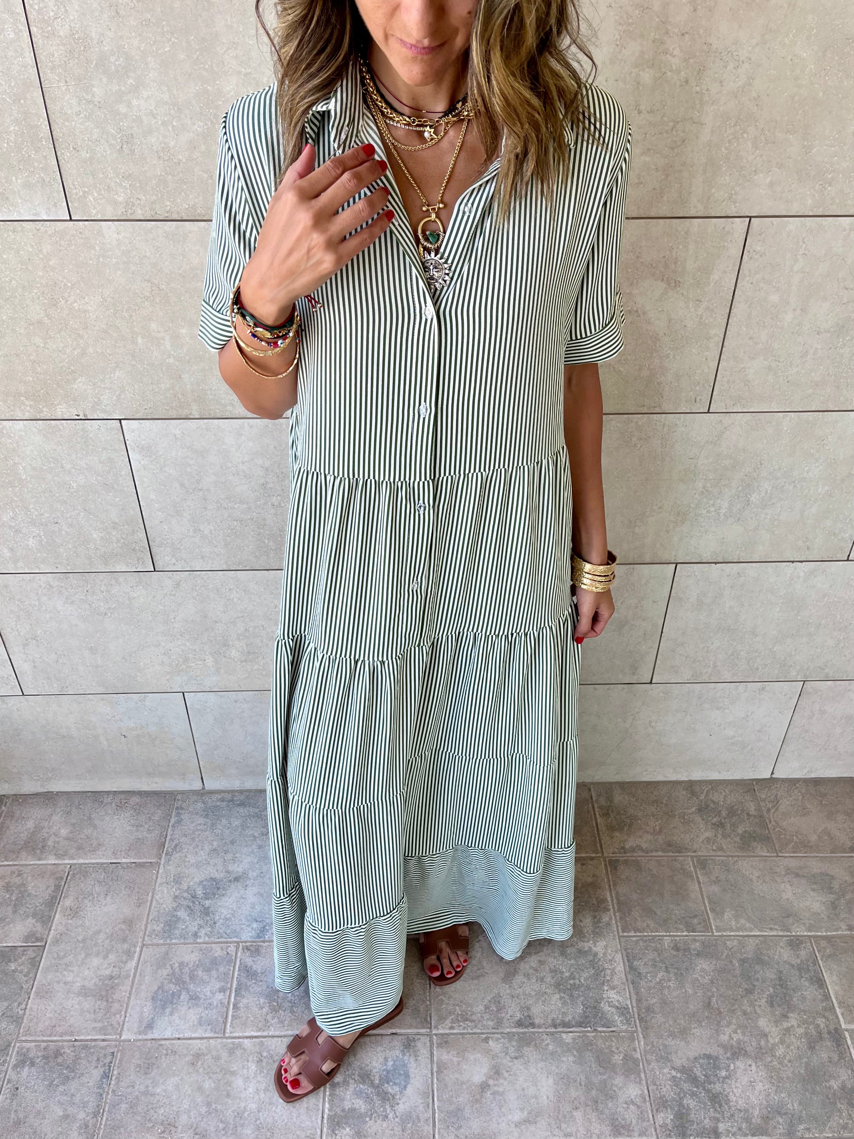 Olive Striped Shirt Dress
