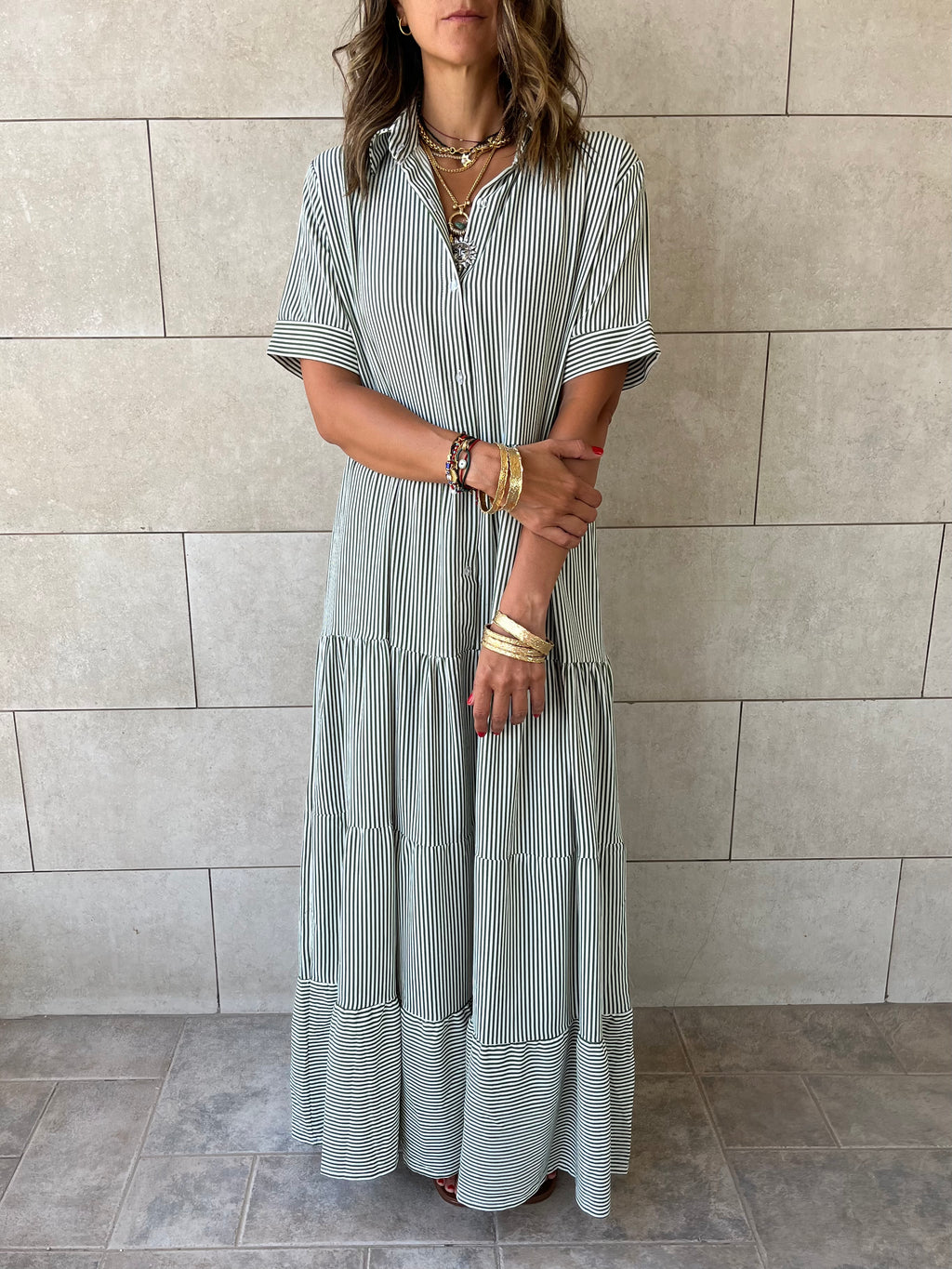 Olive Striped Shirt Dress