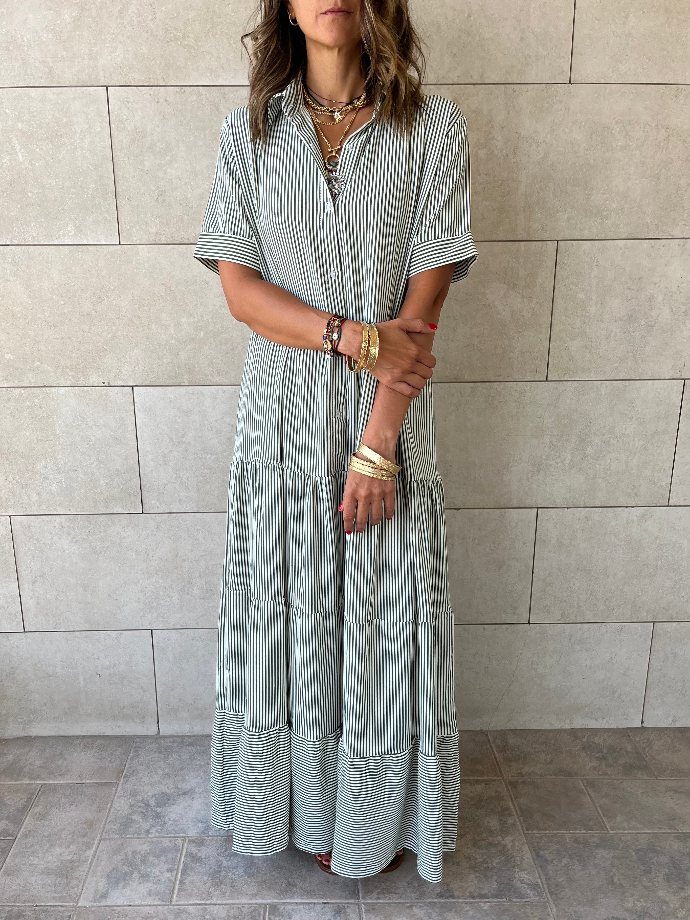 Olive Striped Shirt Dress