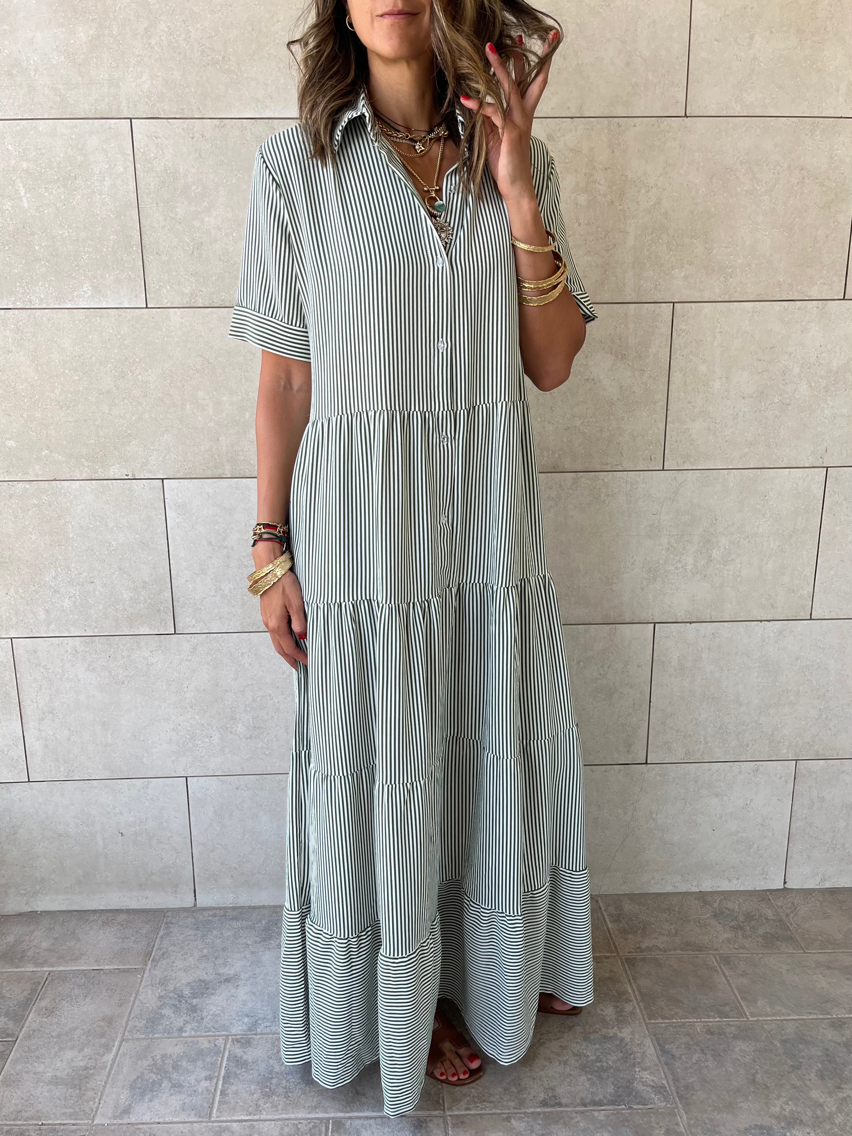 Olive Striped Shirt Dress