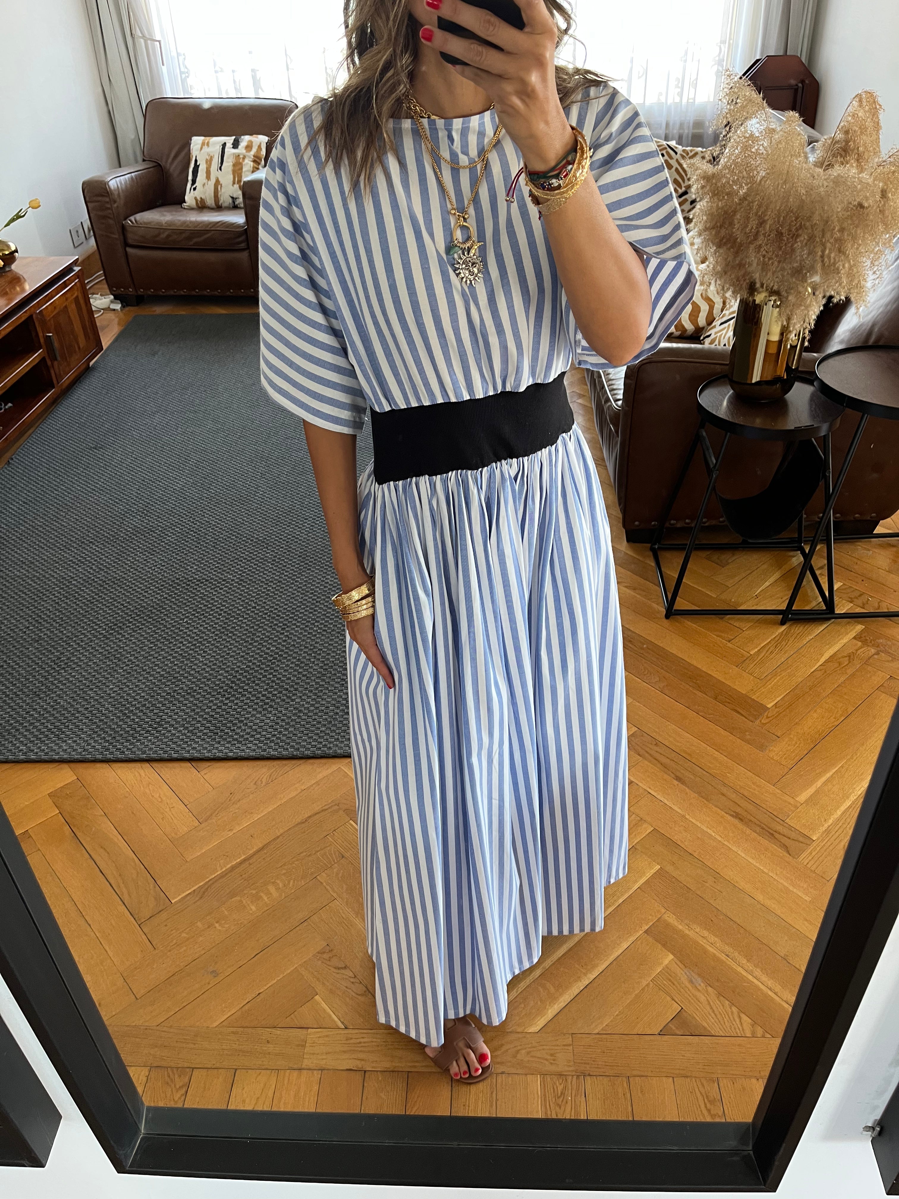 Baby Blue Snatch Waist Stripe Dress
