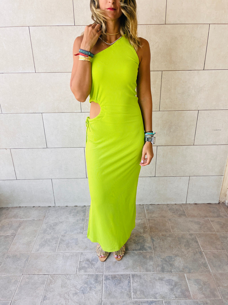 Lime Morning To Night Ribbed Cut Out Dress