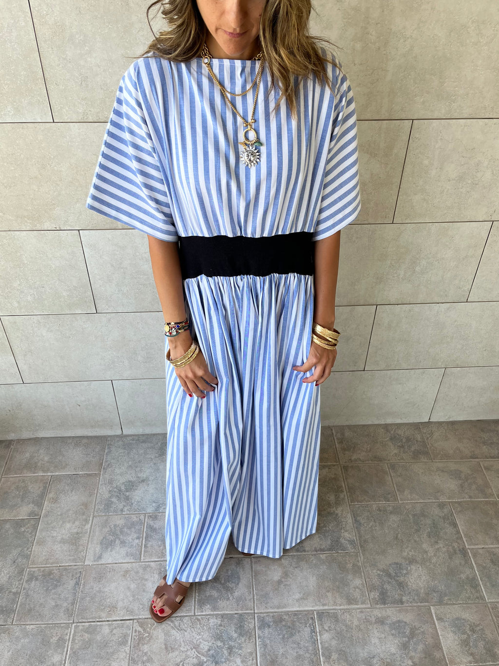 Baby Blue Snatch Waist Stripe Dress
